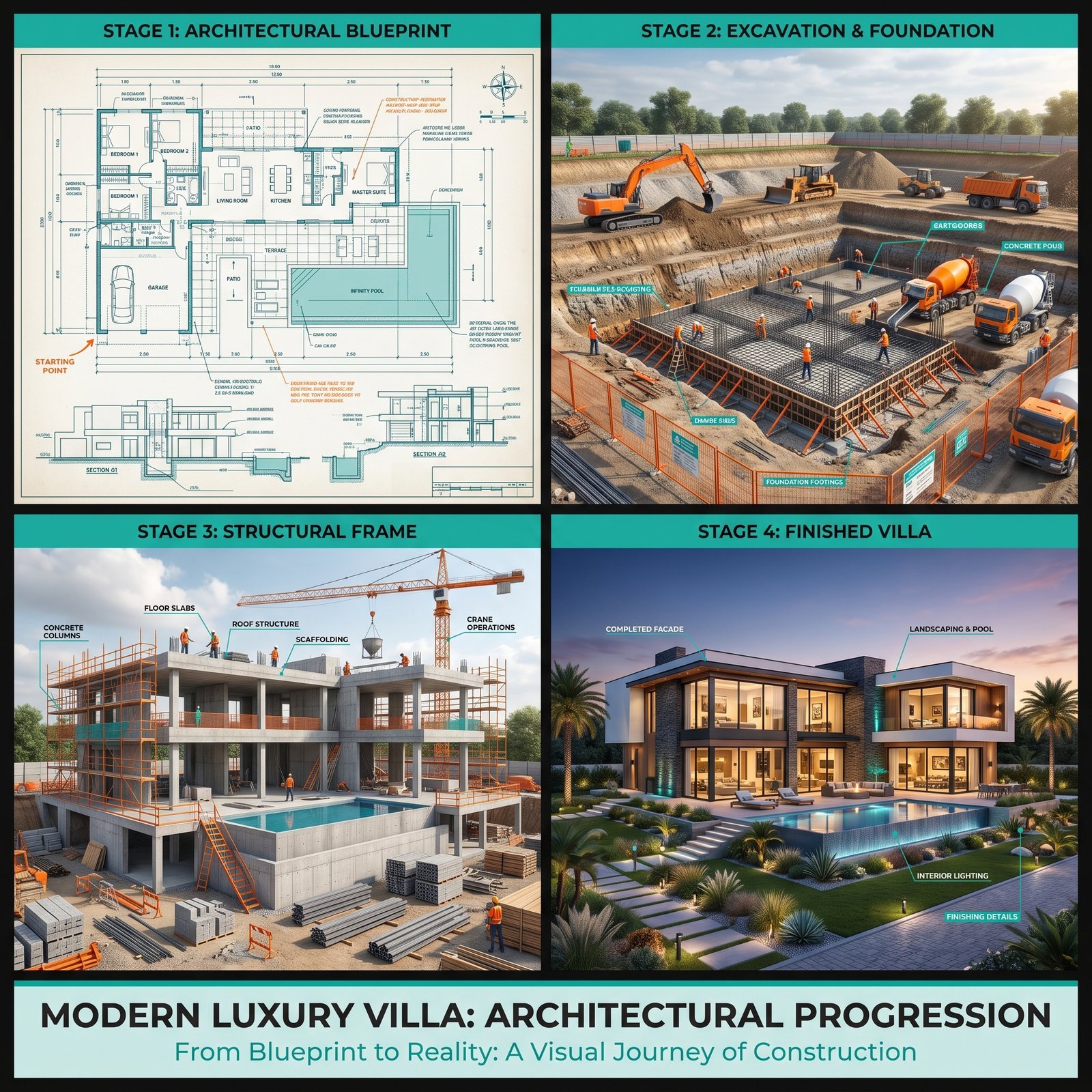 Four-panel architectural progression of the exact same modern luxury villa from an identical camera angle: panel 1 a 2D architectural…