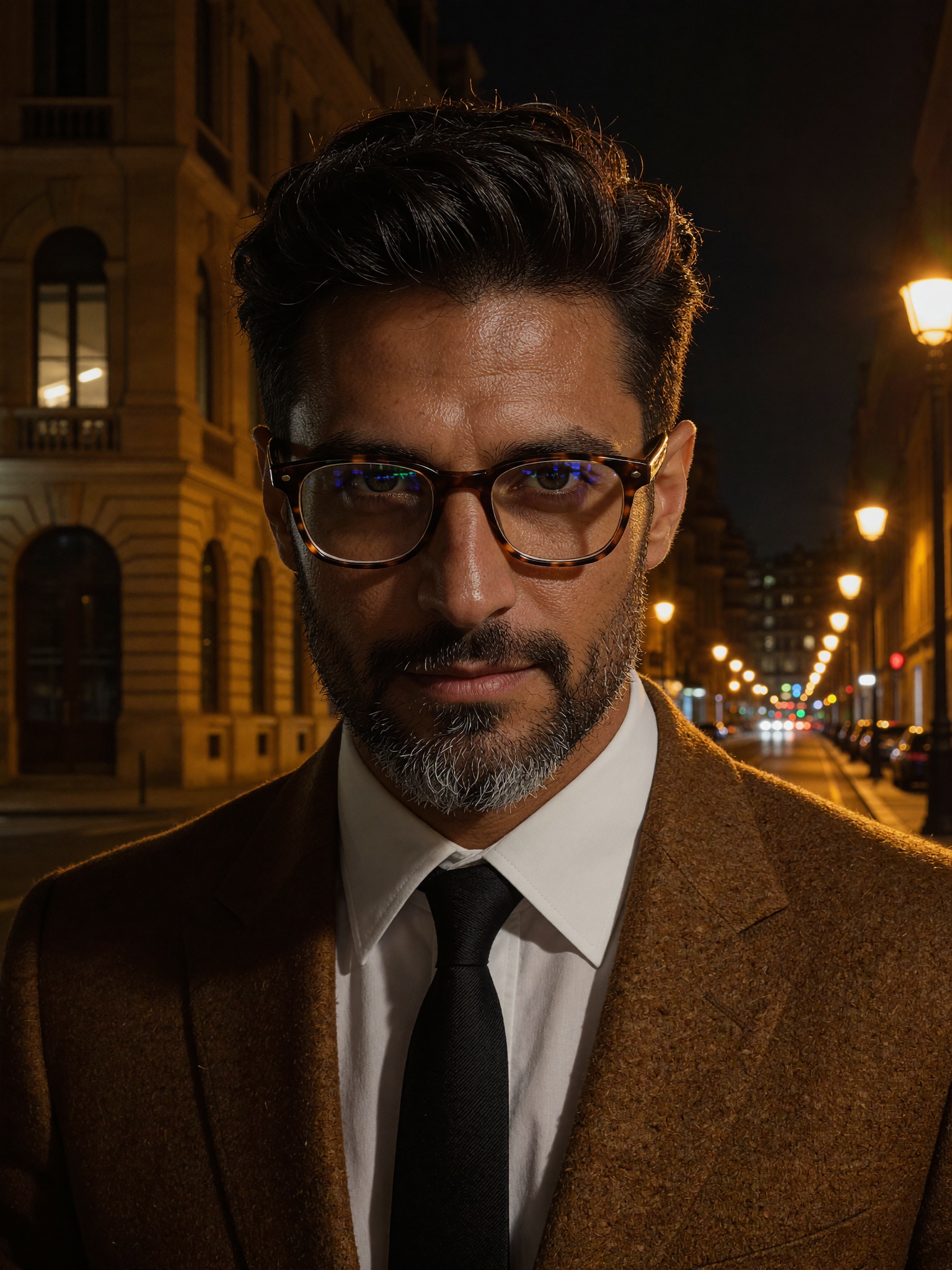 A striking middle-aged man with an intense, direct gaze looks slightly downward toward the lens, his strong jawline framed by a thick…