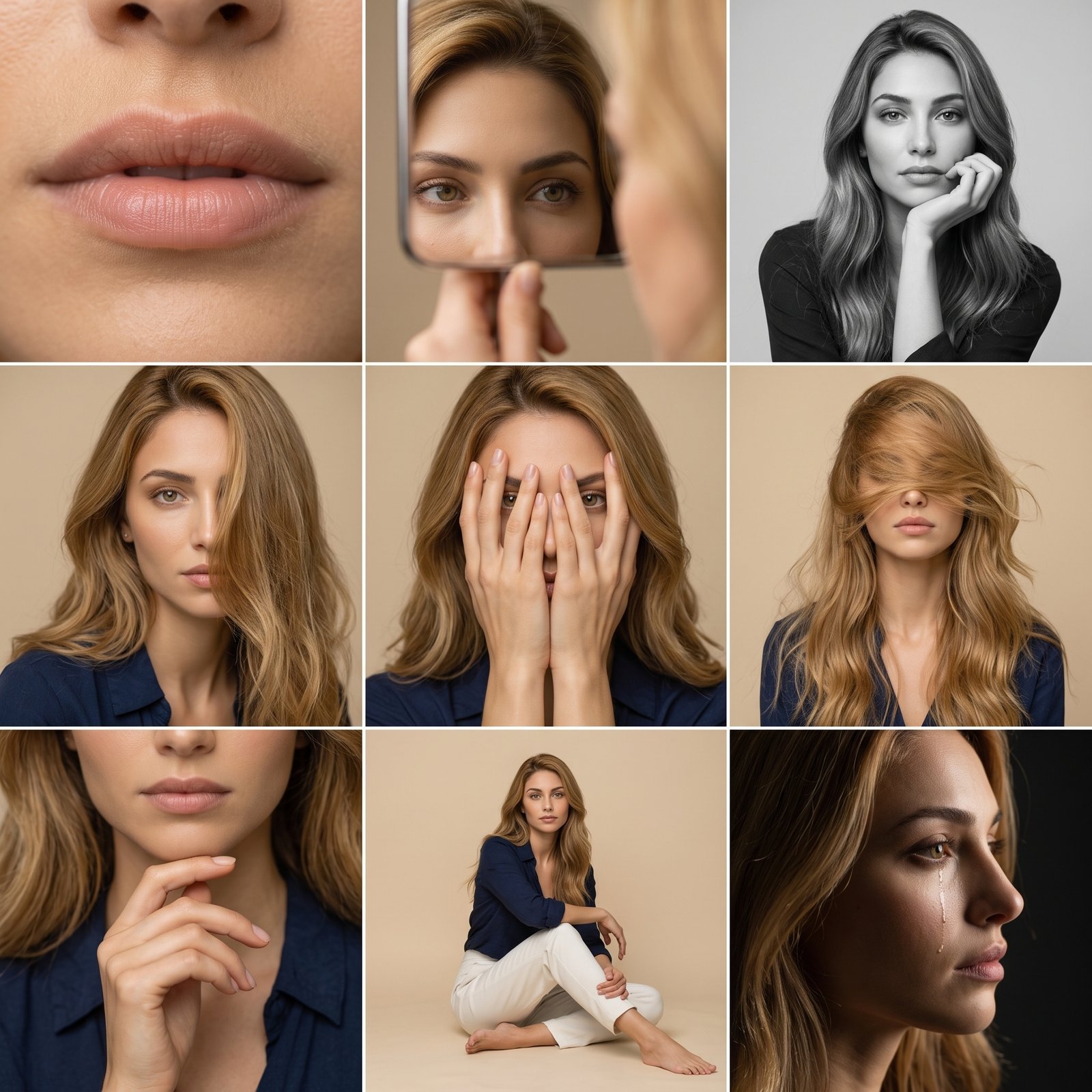 Build a 3x3 grid of fine-edited photos in a soft beige studio The character wears a dark blue light shirt, rice-white trousers, and…