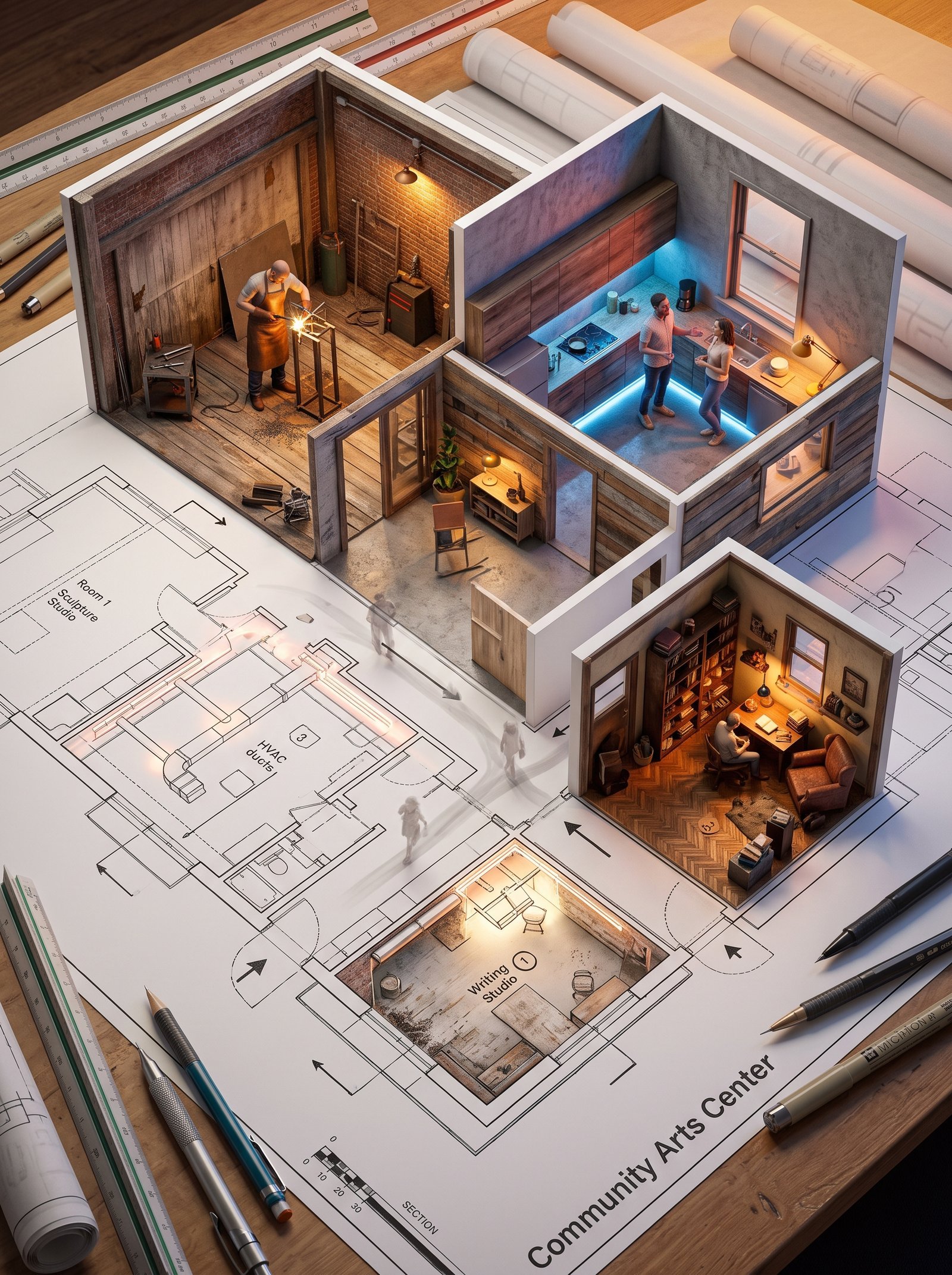 An architectural floor plan of a [LOCATION] spread across a drafting table, with the spaces rising into inhabitable miniature. The [ROOM 1]…