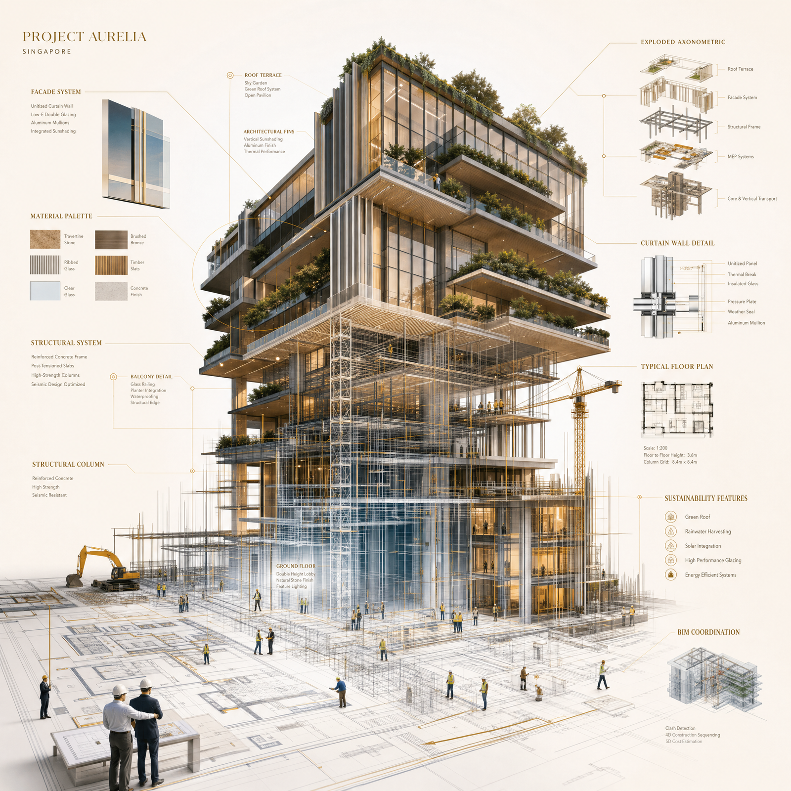 An ultra-realistic architectural concept where the technical blueprint of [PROJECT NAME] gradually transforms into reality through…