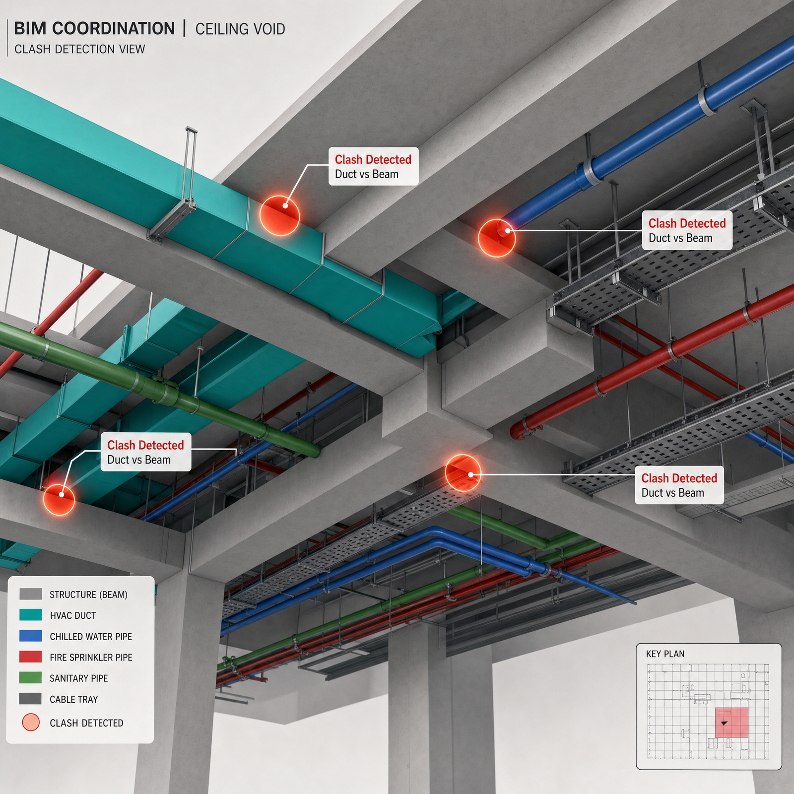 BIM coordination render showing a building ceiling void with structural beams, HVAC ducts, plumbing pipes, and cable trays running through…