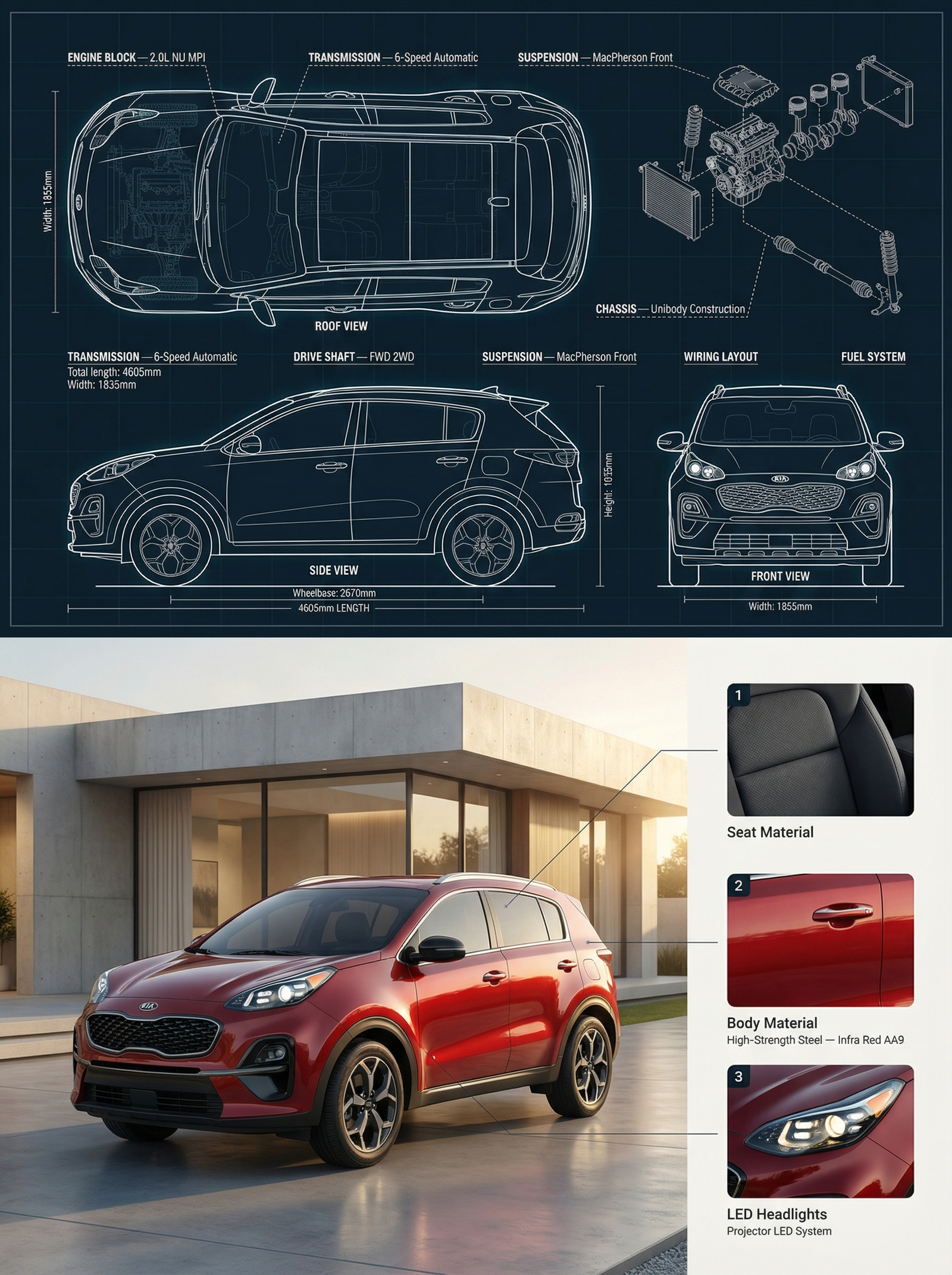 Create a premium split composition showing a detailed automotive blueprint (top) and a perfectly matching real-world car with material…