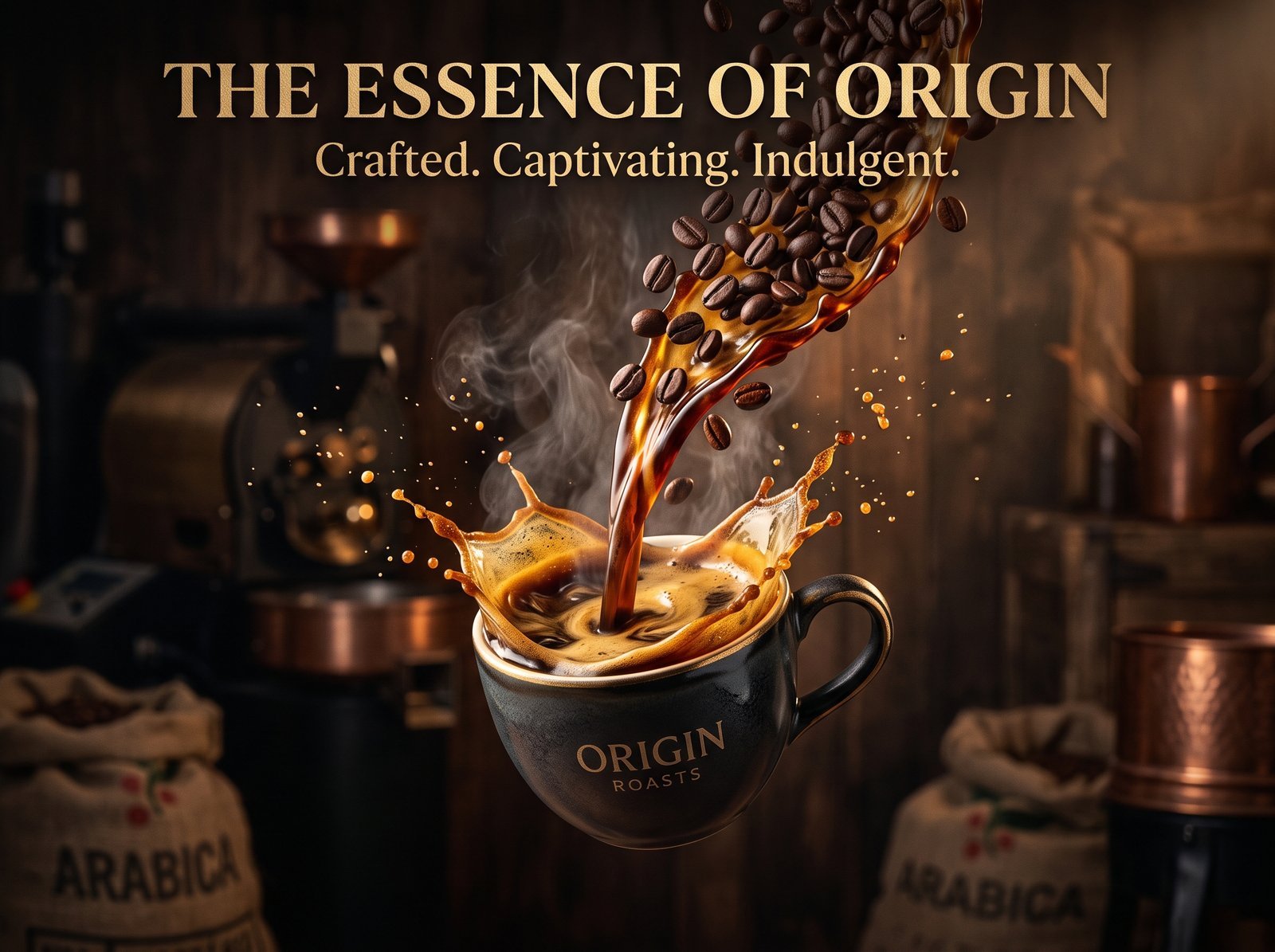 Dramatic coffee advertisement, a floating cup with a rich coffee waterfall pouring into it from a stream of roasted beans dissolving into…