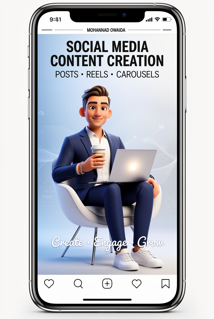 A charming premium 3D CGI illustration of a stylish young professional man named "MOHANNAD OWAIDA" with modern short hair, expressive eyes…