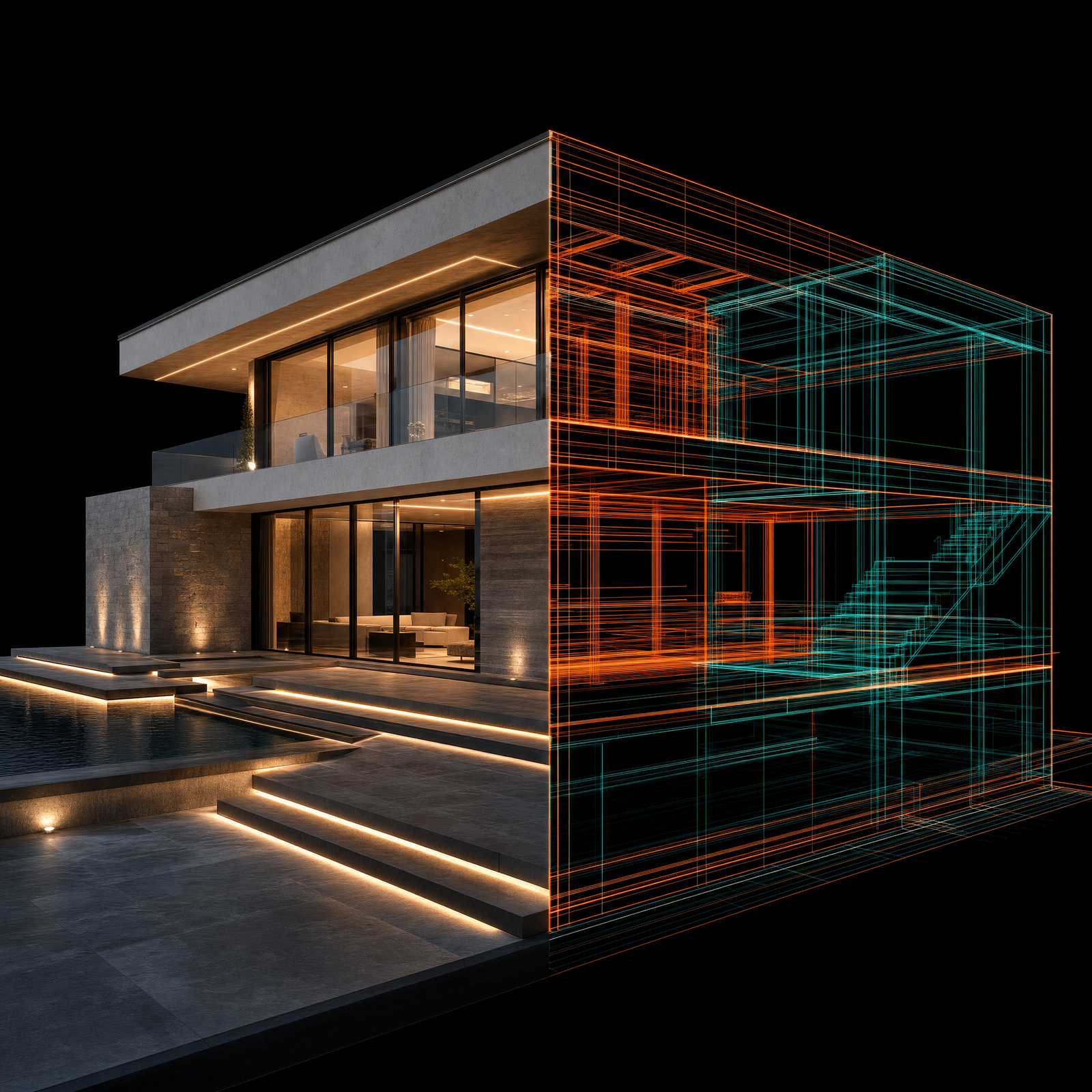 Photorealistic modern luxury villa where the front half is fully rendered and finished (stone, glass, warm interior lights, landscaping)…
