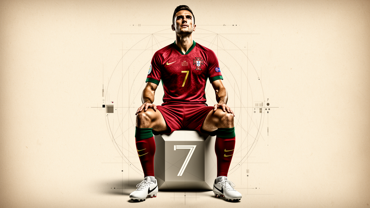 Ultra-detailed football portrait poster of a legendary Portuguese footballer sitting on a geometric cube with the number 7, wearing a…