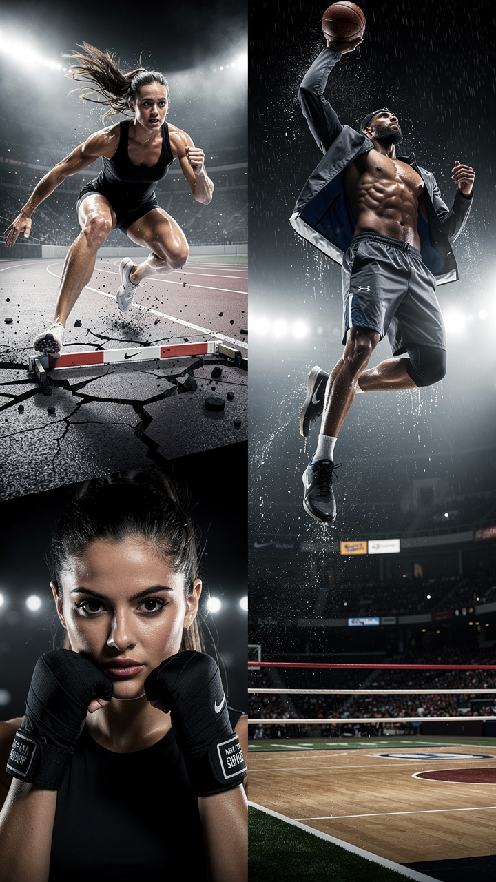 Create a hyper-realistic luxury global sportswear campaign poster titled: "DESIRE THE WORK." CRITICAL DIRECTION: This is NOT a sportswear…