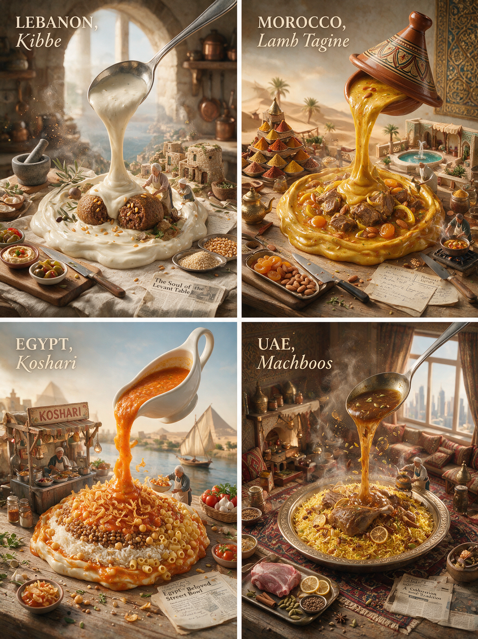 A 2x2 grid of four separate culinary-process dioramas, each a distinct panel with a thin clean divider. Each panel is a "sauce pour…