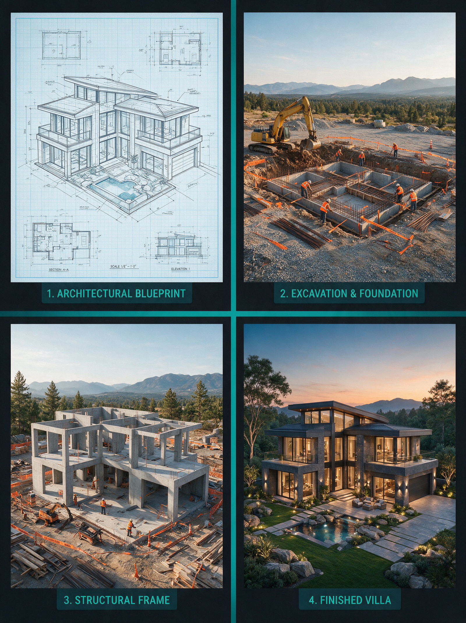 Four-panel architectural progression of the exact same modern luxury villa from an identical camera angle: panel 1 a 2D architectural…