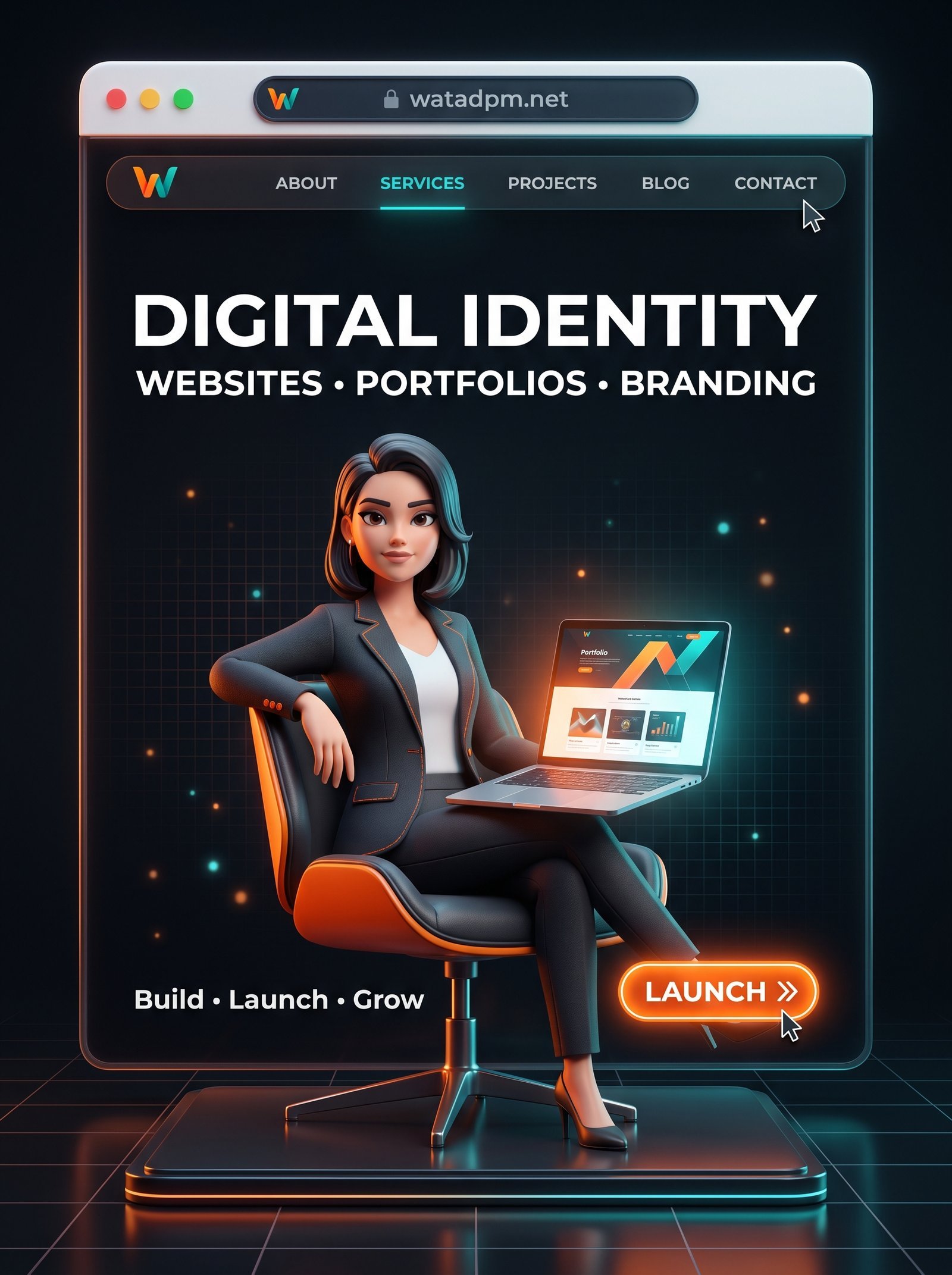 A charming 3D CGI illustration of a confident young professional with a sleek modern look, sitting confidently on a modern chair, holding a…