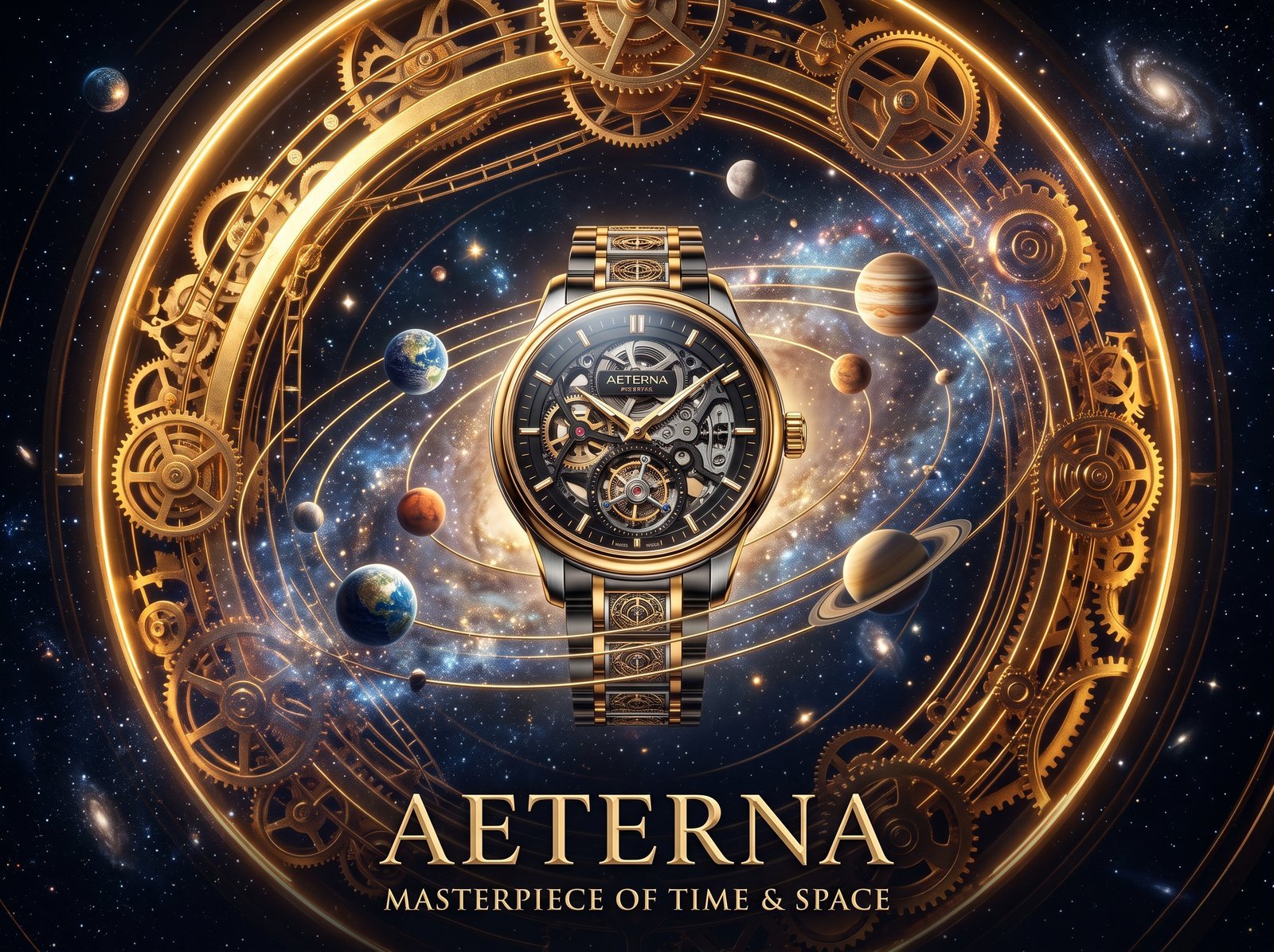 Luxury watch advertisement, a premium wristwatch floating inside a giant glowing clockwork mechanism made of golden gears and orbiting…
