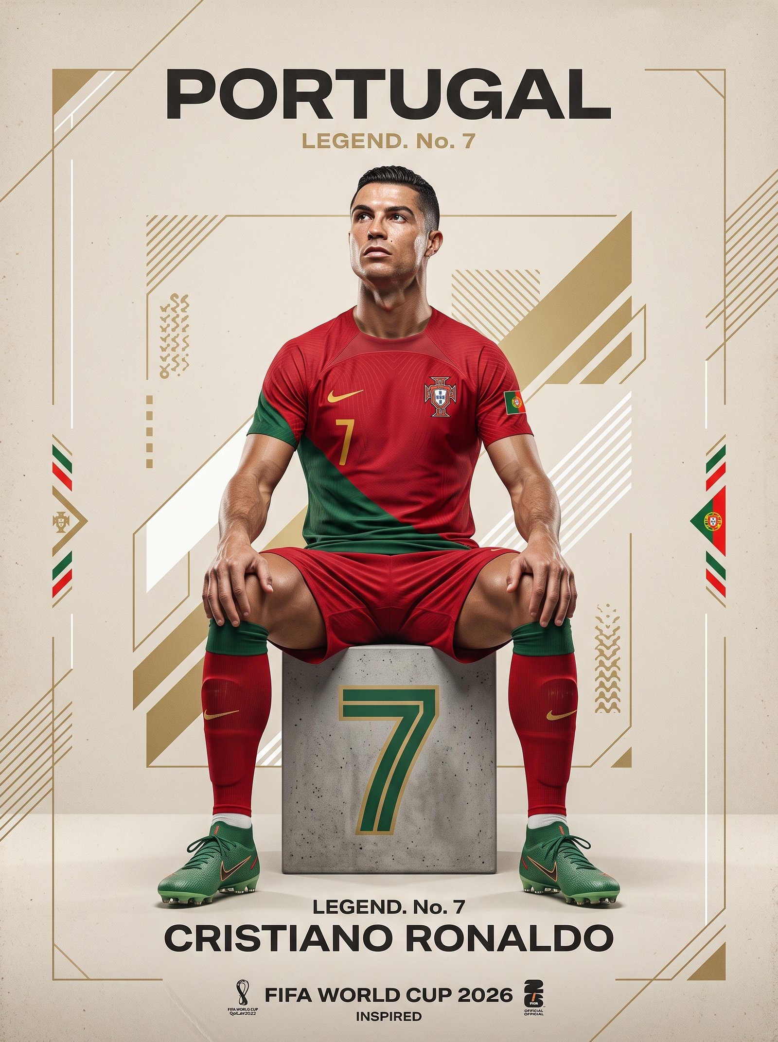 Ultra-detailed football portrait poster of a legendary Portuguese footballer sitting on a geometric cube with the number 7, wearing a…