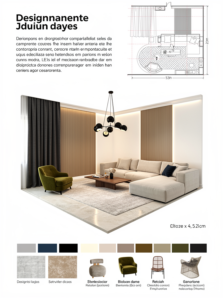 Photorealistic interior design presentation sheet, contemporary minimalist living room concept board, professional architectural…