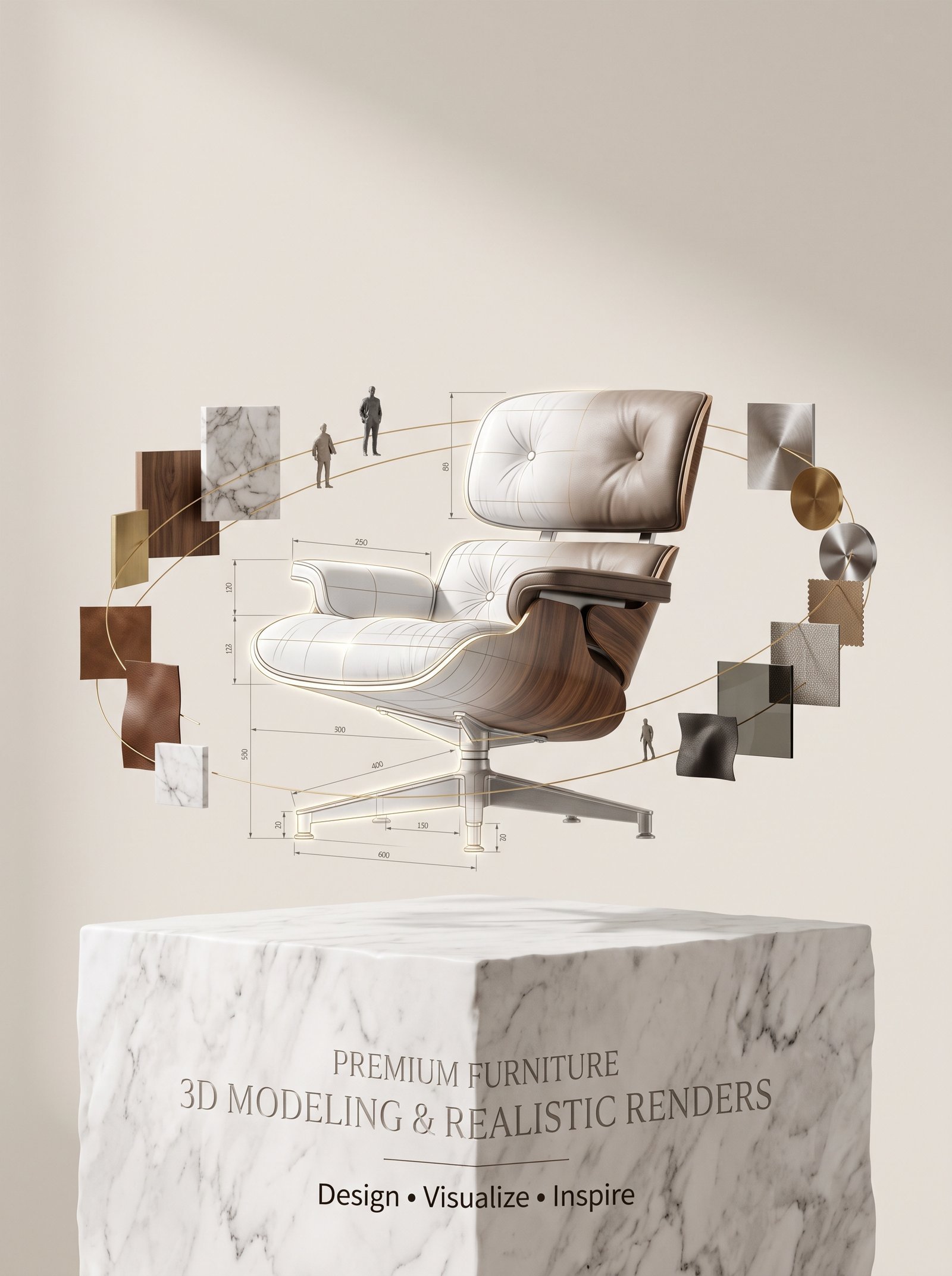 Create a spectacular vertical luxury advertisement where an iconic contemporary designer chair floats gracefully above an enormous block of…