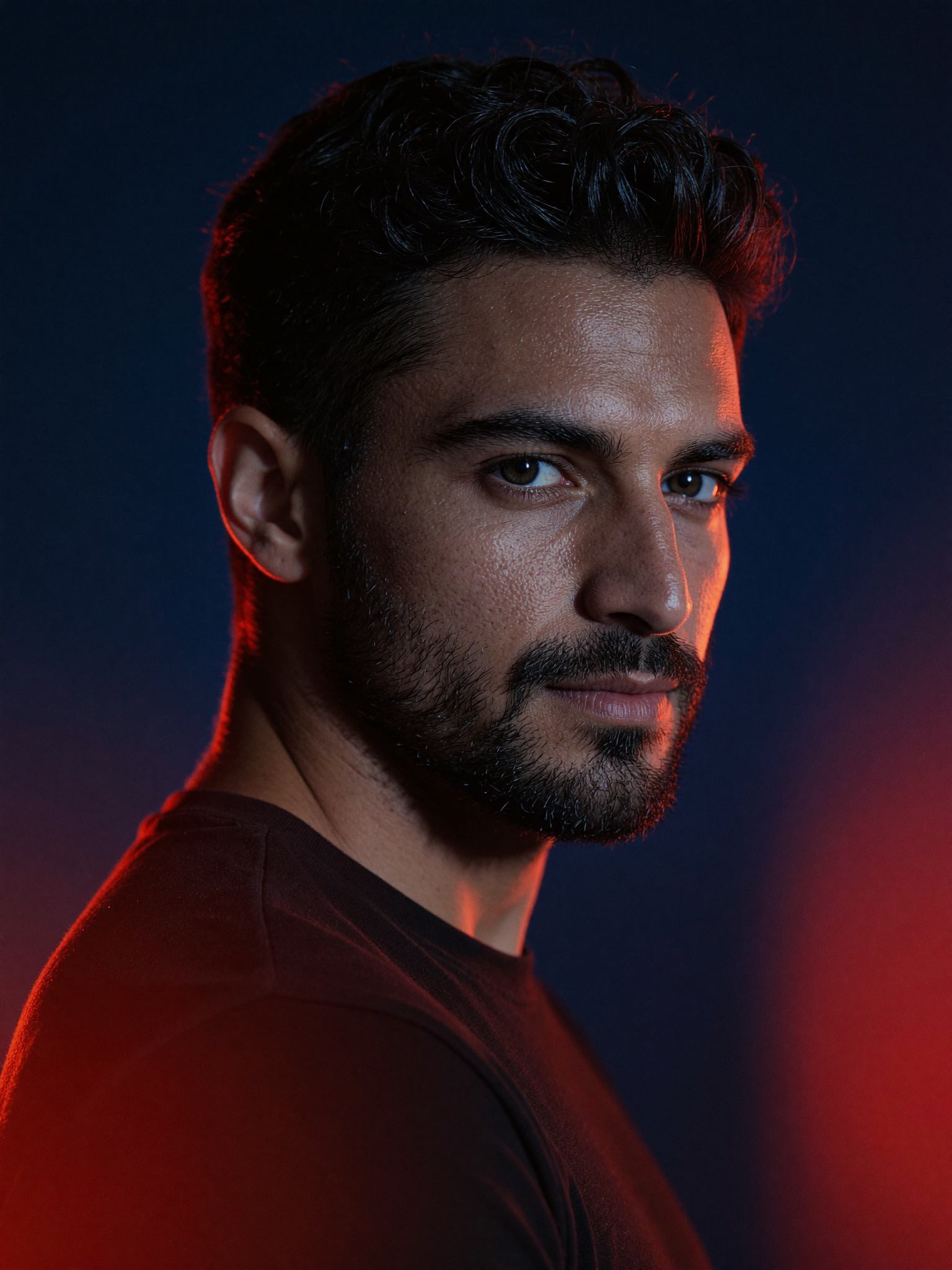 Cinematic portrait of Arthur Ferreira, captured with a 85mm f/1.4 lens to ensure precise facial identity and shallow depth of field…