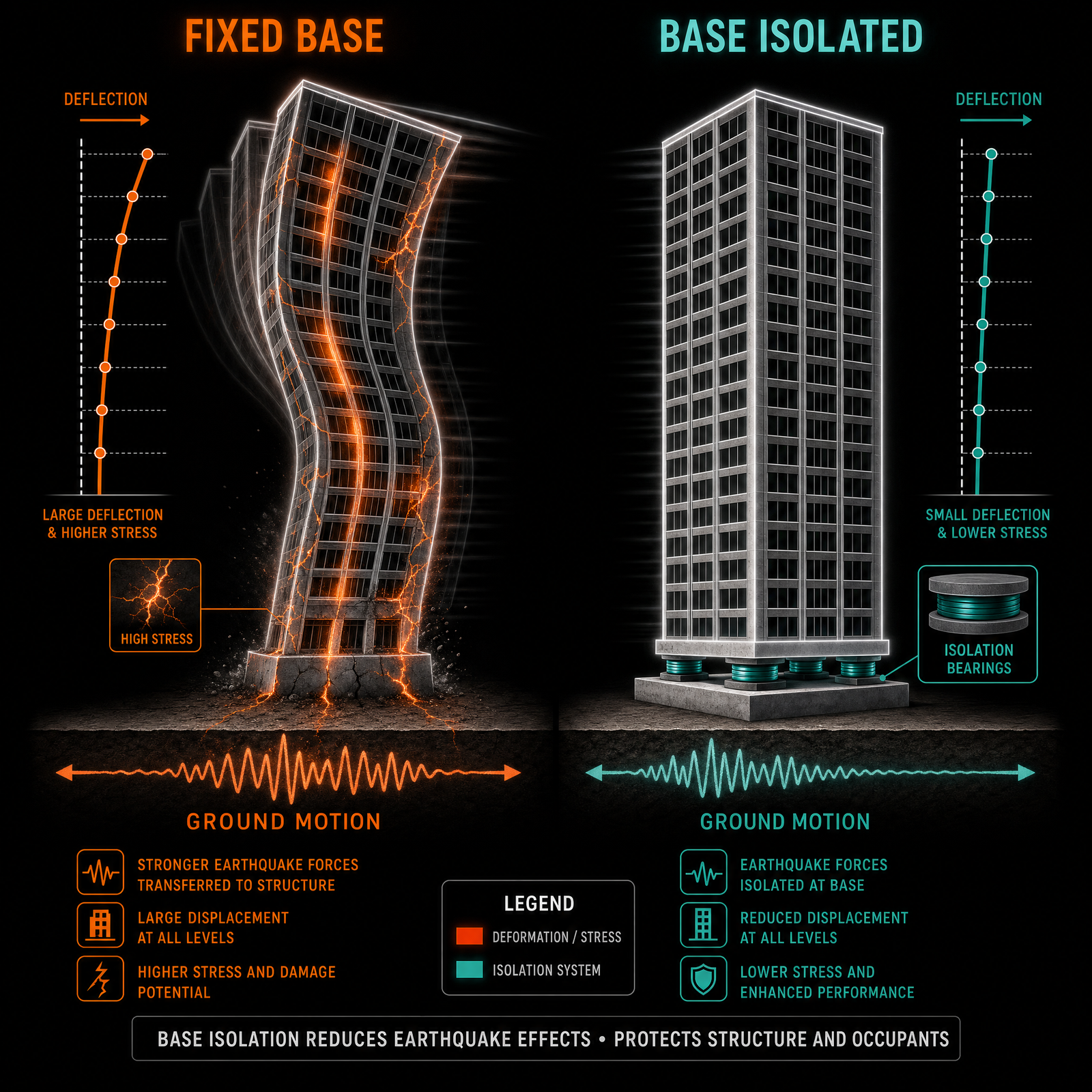 Side-by-side structural comparison diagram of two identical towers during an earthquake: left tower fixed-base swaying heavily with…