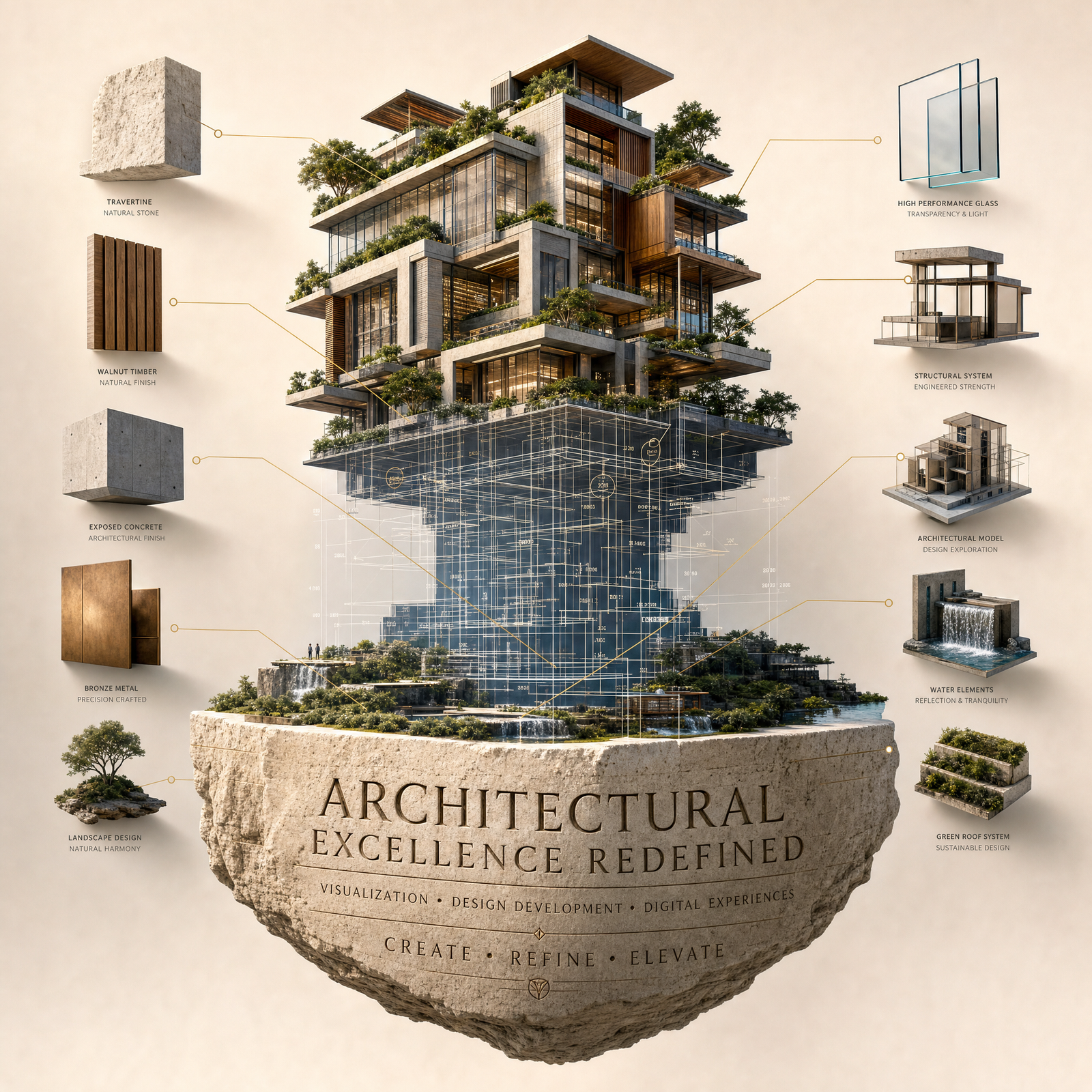 Create an extraordinary vertical luxury advertising composition where a visionary architectural tower emerges from a monumental carved…