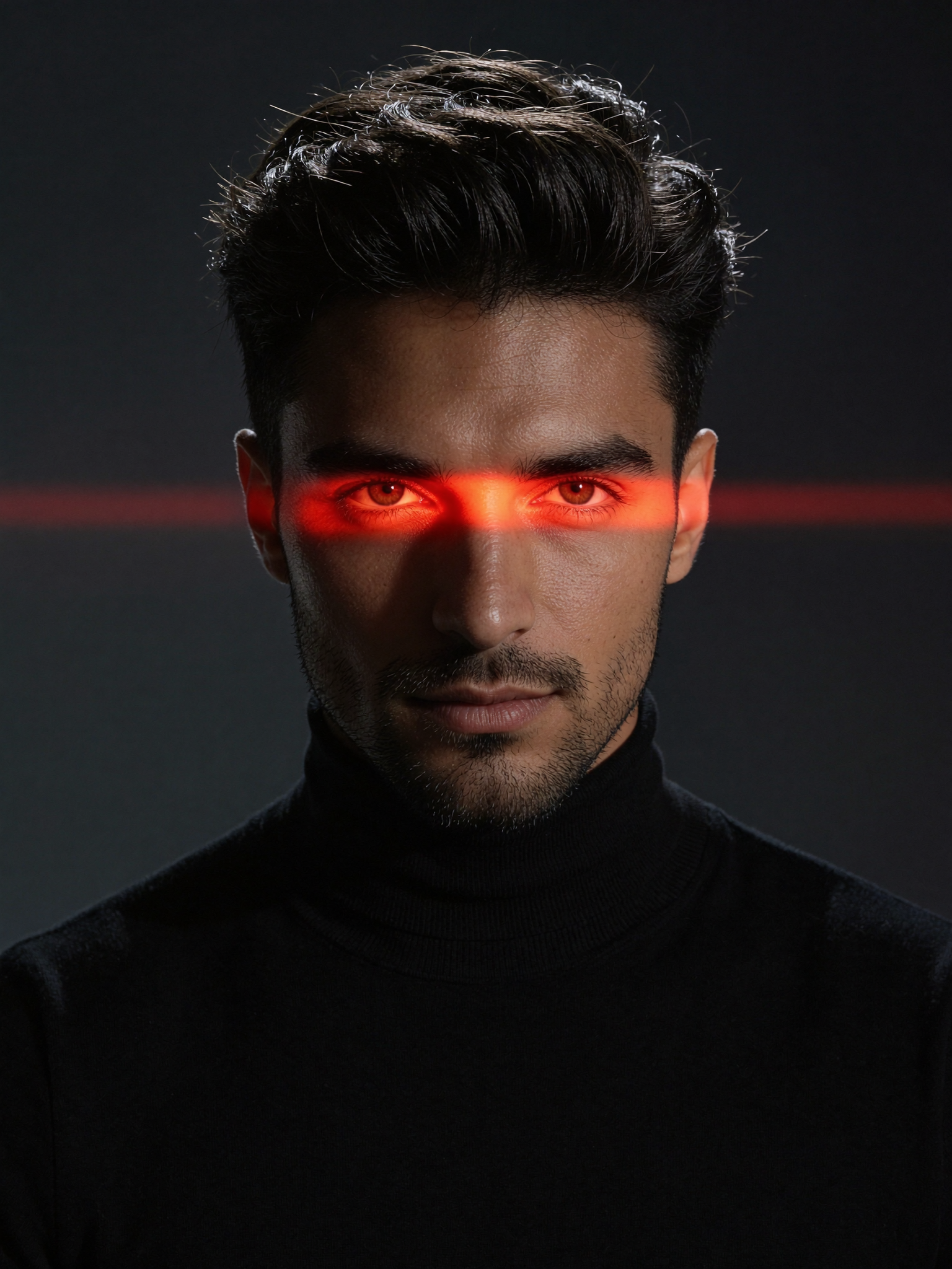 Cinematic studio portrait of a young man with messy textured hair, wearing a black turtleneck, centered composition, dark minimal…