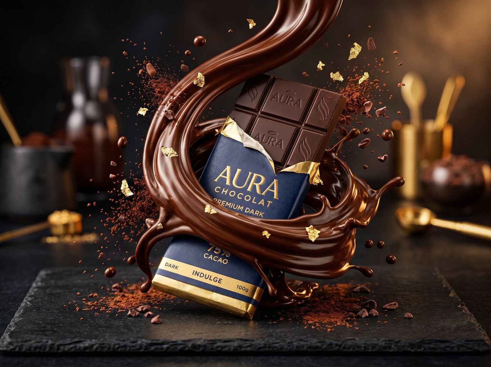 Luxury chocolate advertisement, a chocolate bar with molten chocolate flowing and swirling around it like liquid gold silk, cocoa splashes…
