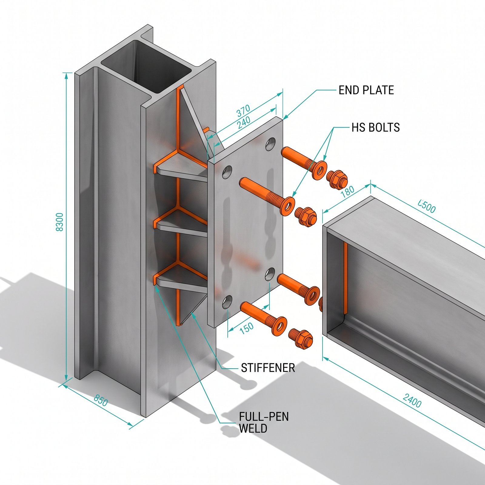 Exploded isometric technical render of a bolted steel moment connection between a beam and column: separated components floating apart —…