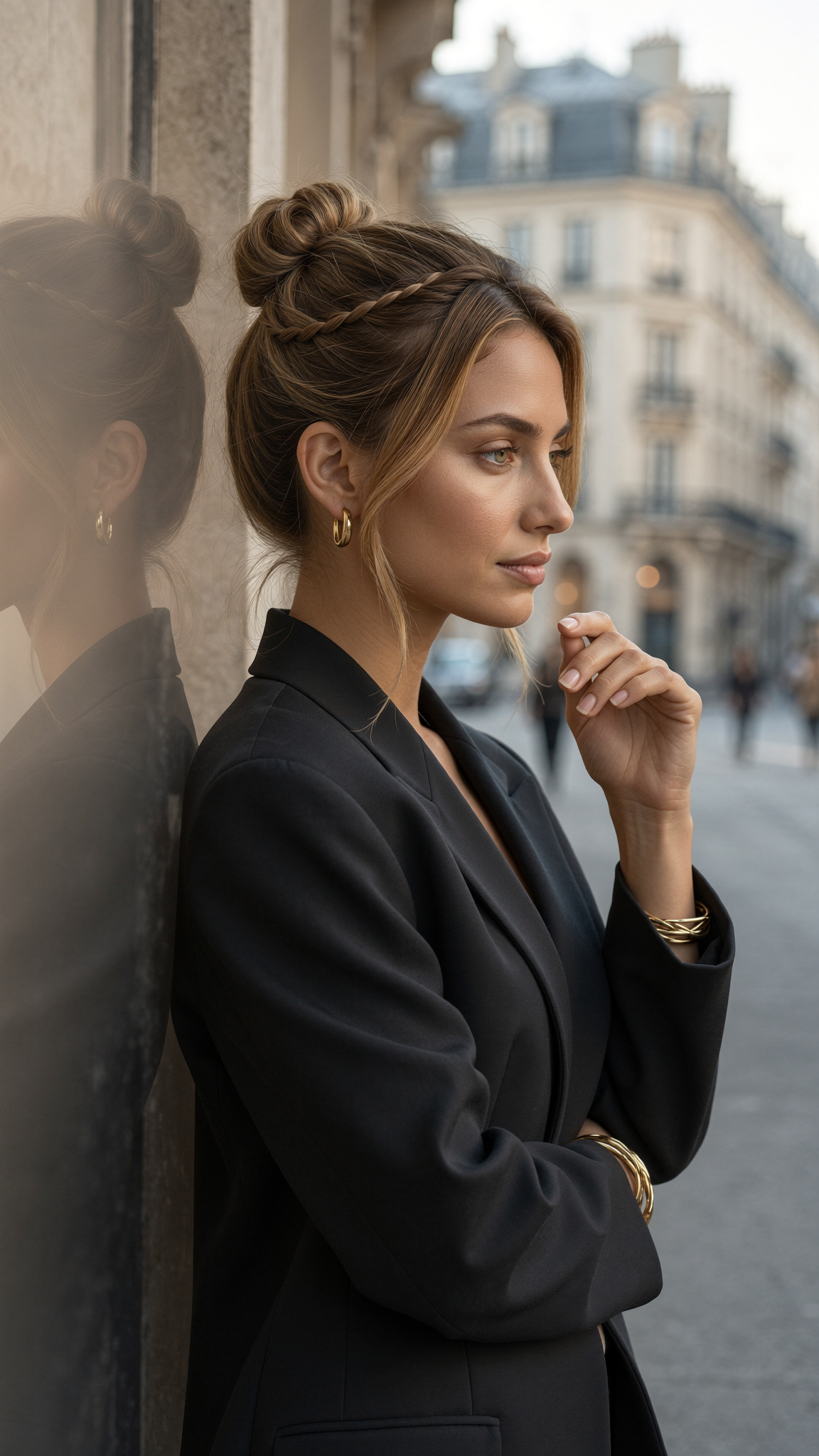 Elegant woman with dark hair in a sleek bun, wearing a structured oversized black blazer, standing on a quiet european street, soft ambient…