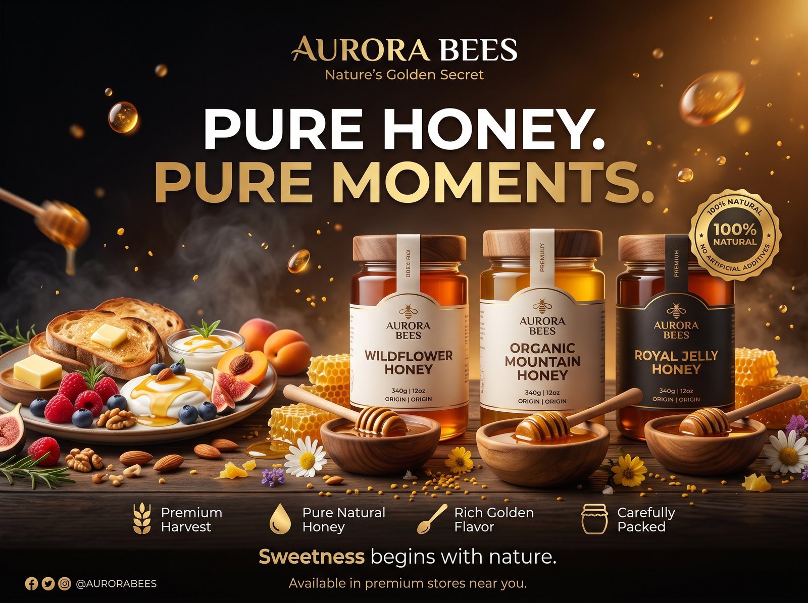 Create a premium, luxury advertising poster for a high-end honey brand in a 4:5 portrait format with a rich, warm, natural, appetizing…