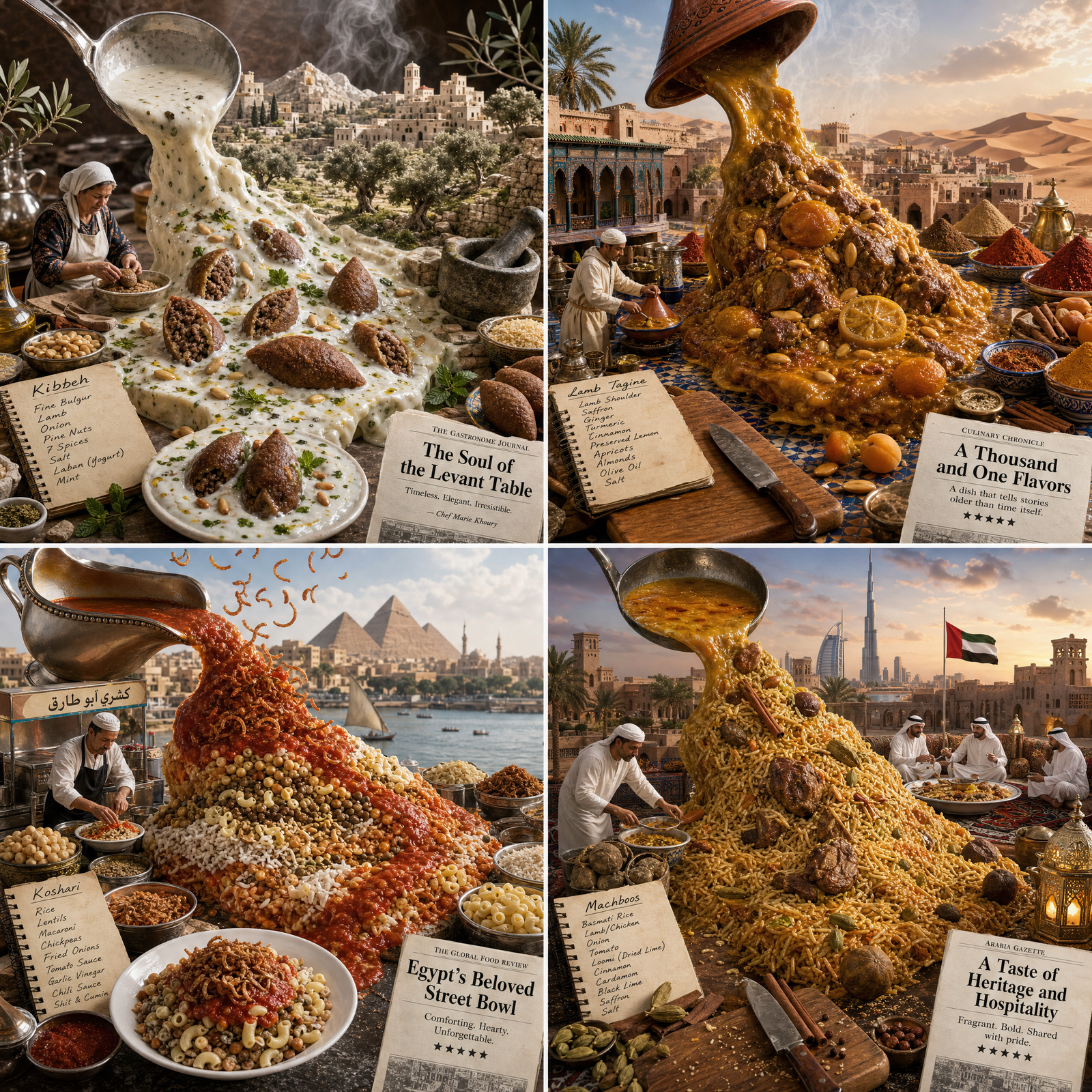 A 2x2 grid of four separate culinary-process dioramas, each a distinct panel with a thin clean divider. Each panel is a "sauce pour…