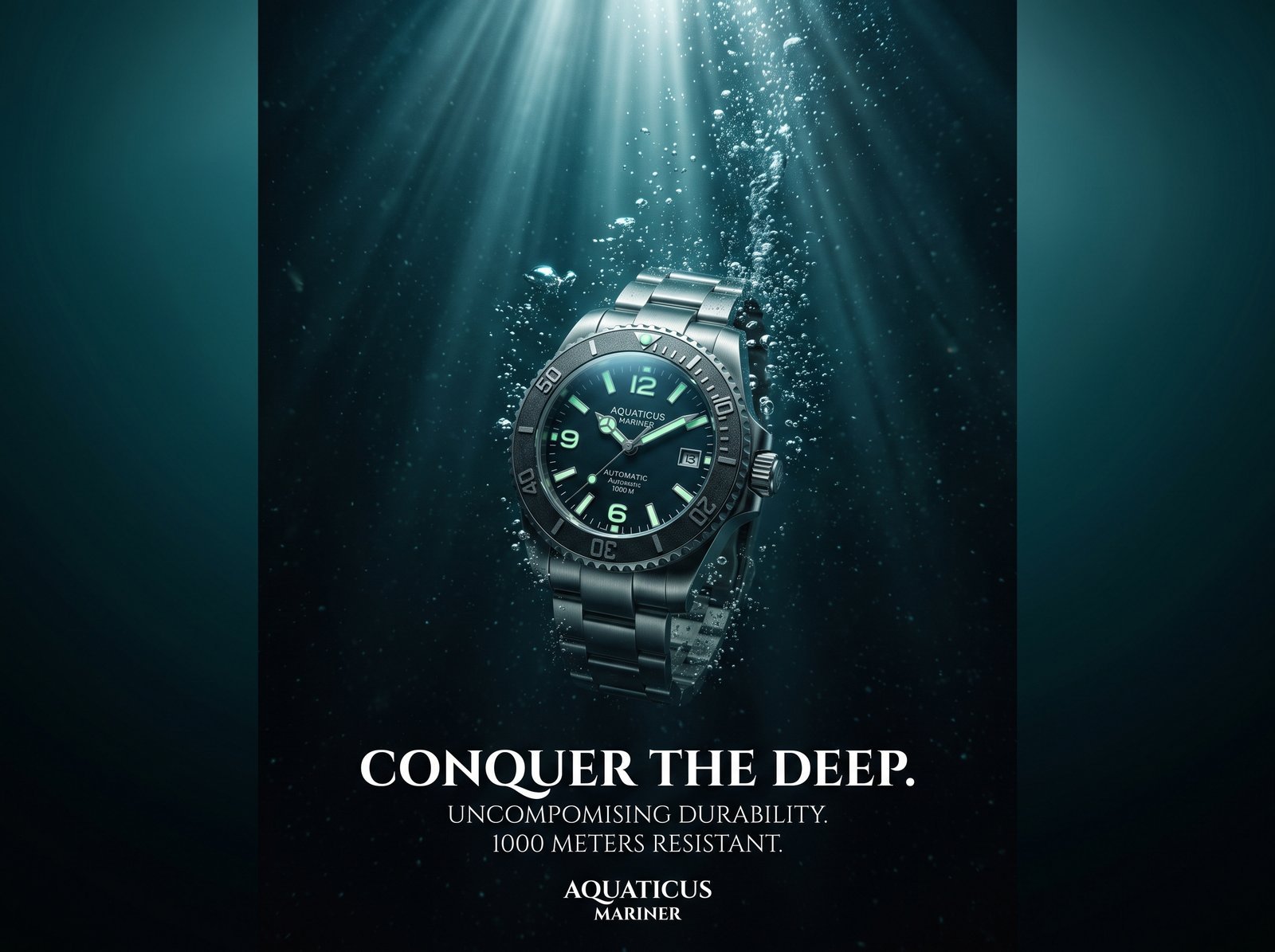 Sports dive-watch advertisement, a rugged watch sinking in deep ocean water with dramatic light rays from above, bubbles trailing, immense…