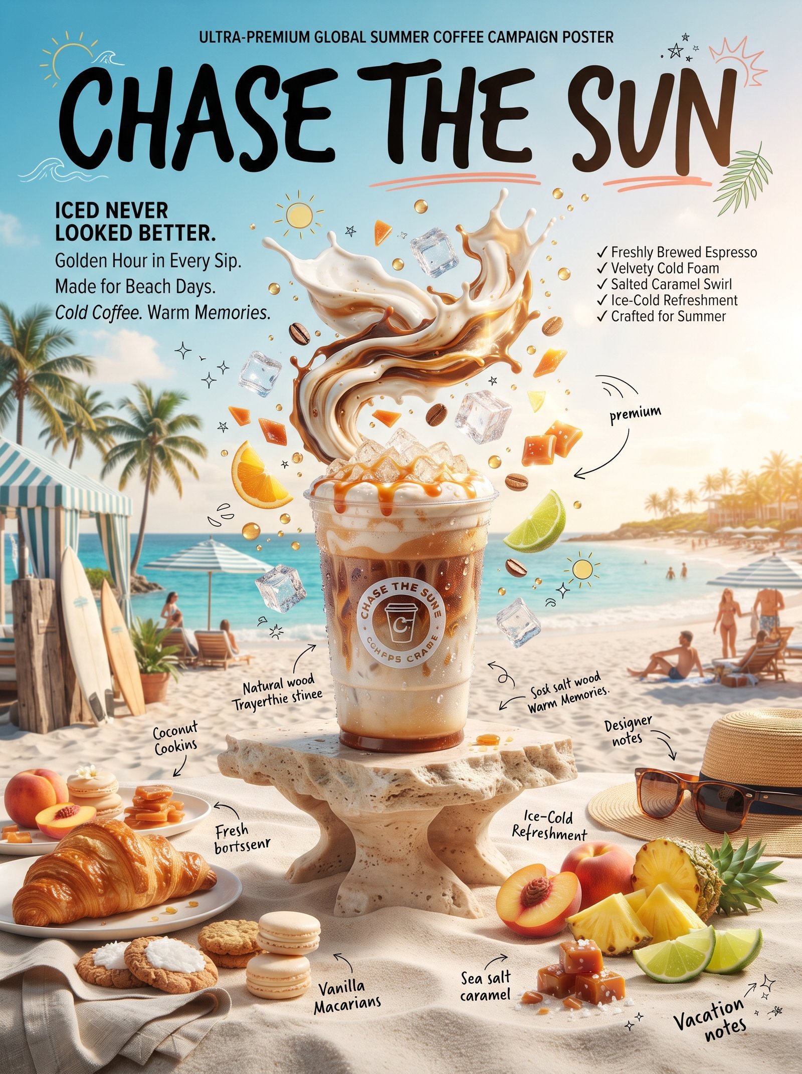 CREATE AN ULTRA-PREMIUM COFFEE SUMMER CAMPAIGN TITLED: CHASE THE SUN. "Every sip tastes like summer." This is NOT a simple product shot…