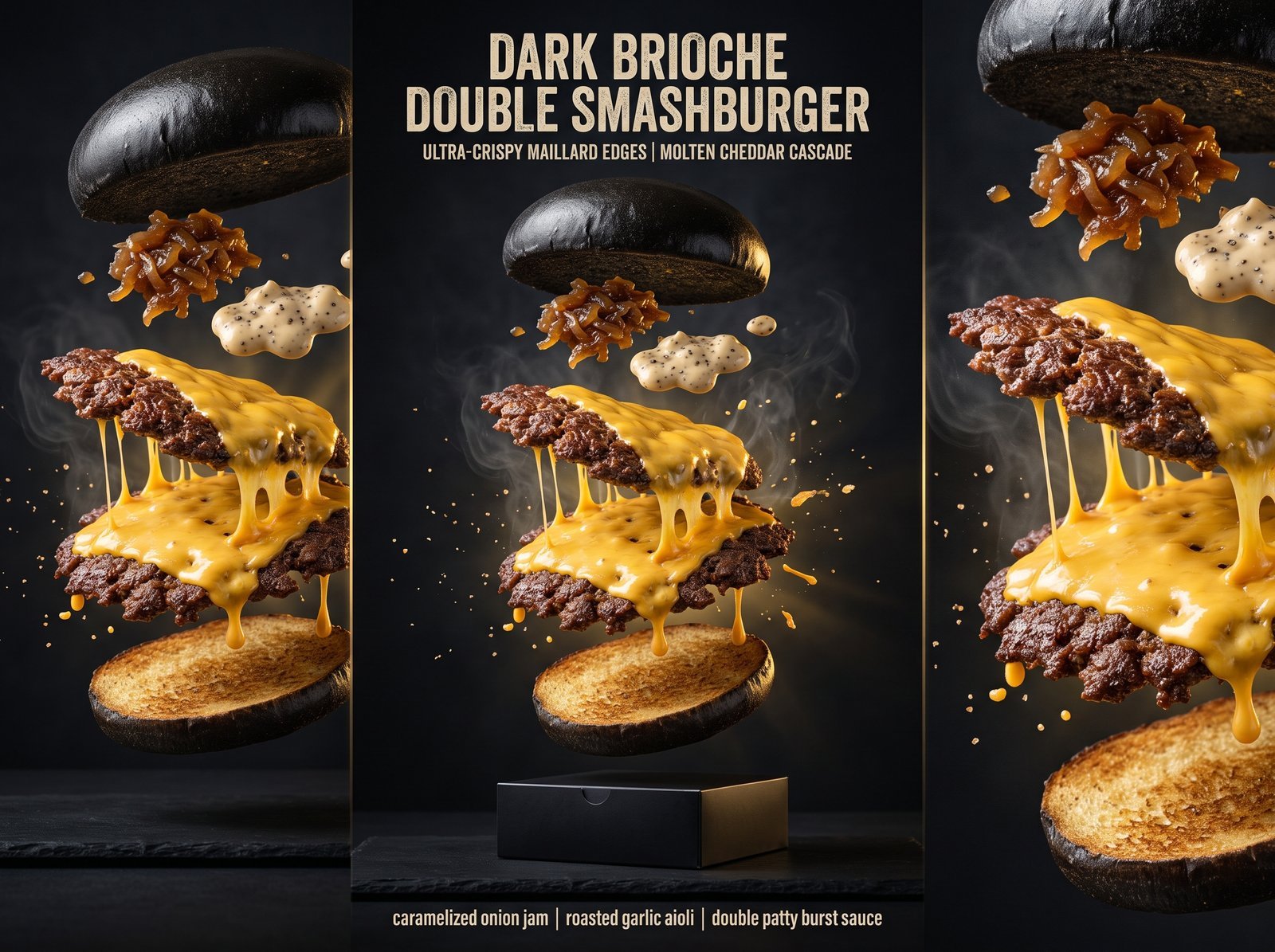 [Floating Chocolate Explosion] A cinematic floating product shot of [rich dark chocolate] bars shattering mid-air, chunks of glossy…