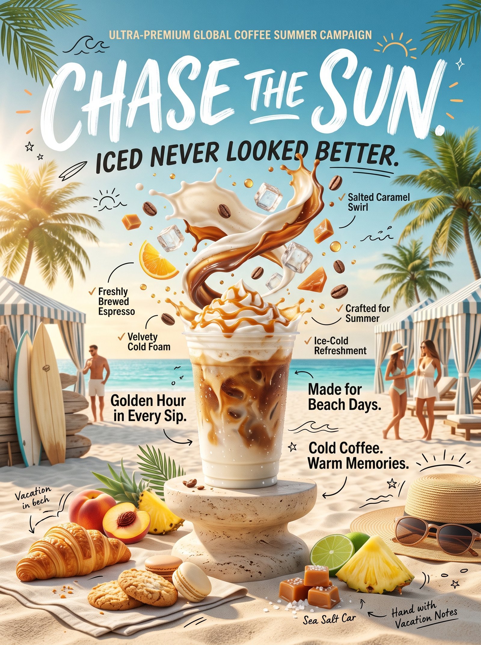 CREATE AN ULTRA-PREMIUM COFFEE SUMMER CAMPAIGN TITLED: CHASE THE SUN. "Every sip tastes like summer." This is NOT a simple product shot…