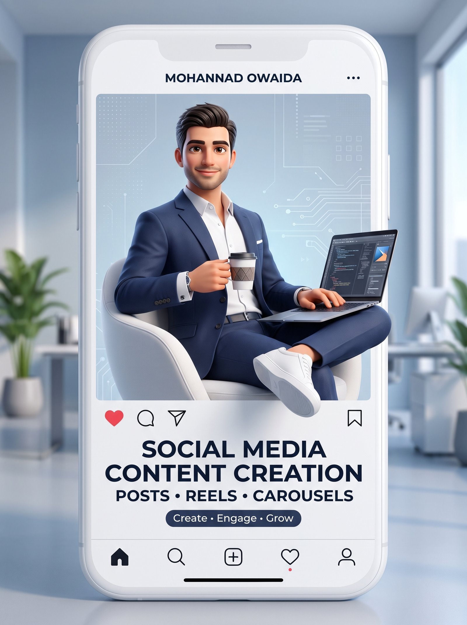 A charming premium 3D CGI illustration of a stylish young professional man named "MOHANNAD OWAIDA" with modern short hair, expressive eyes…