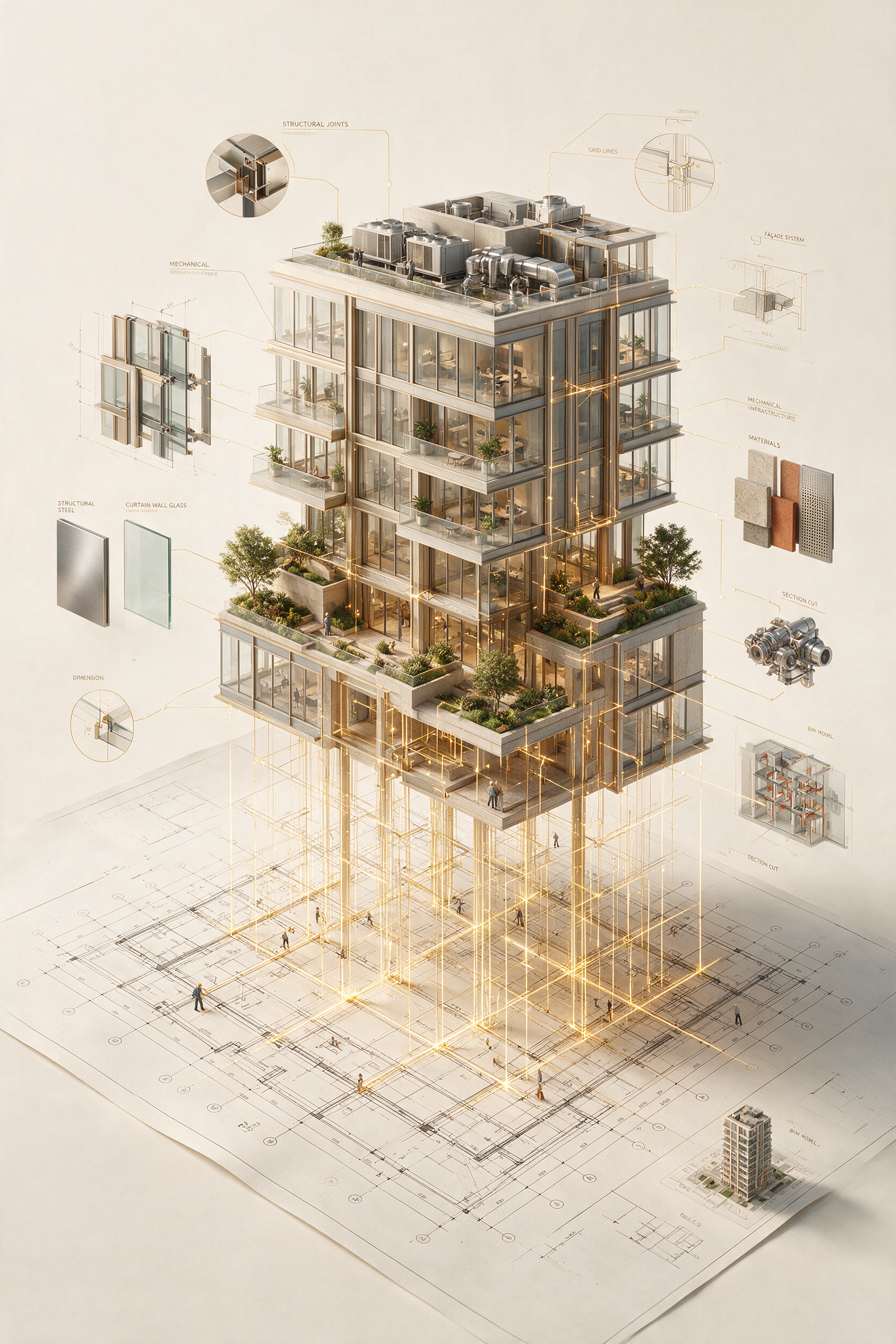 An ultra-realistic architectural concept where the technical blueprint of [PROJECT NAME] gradually transforms into reality through…