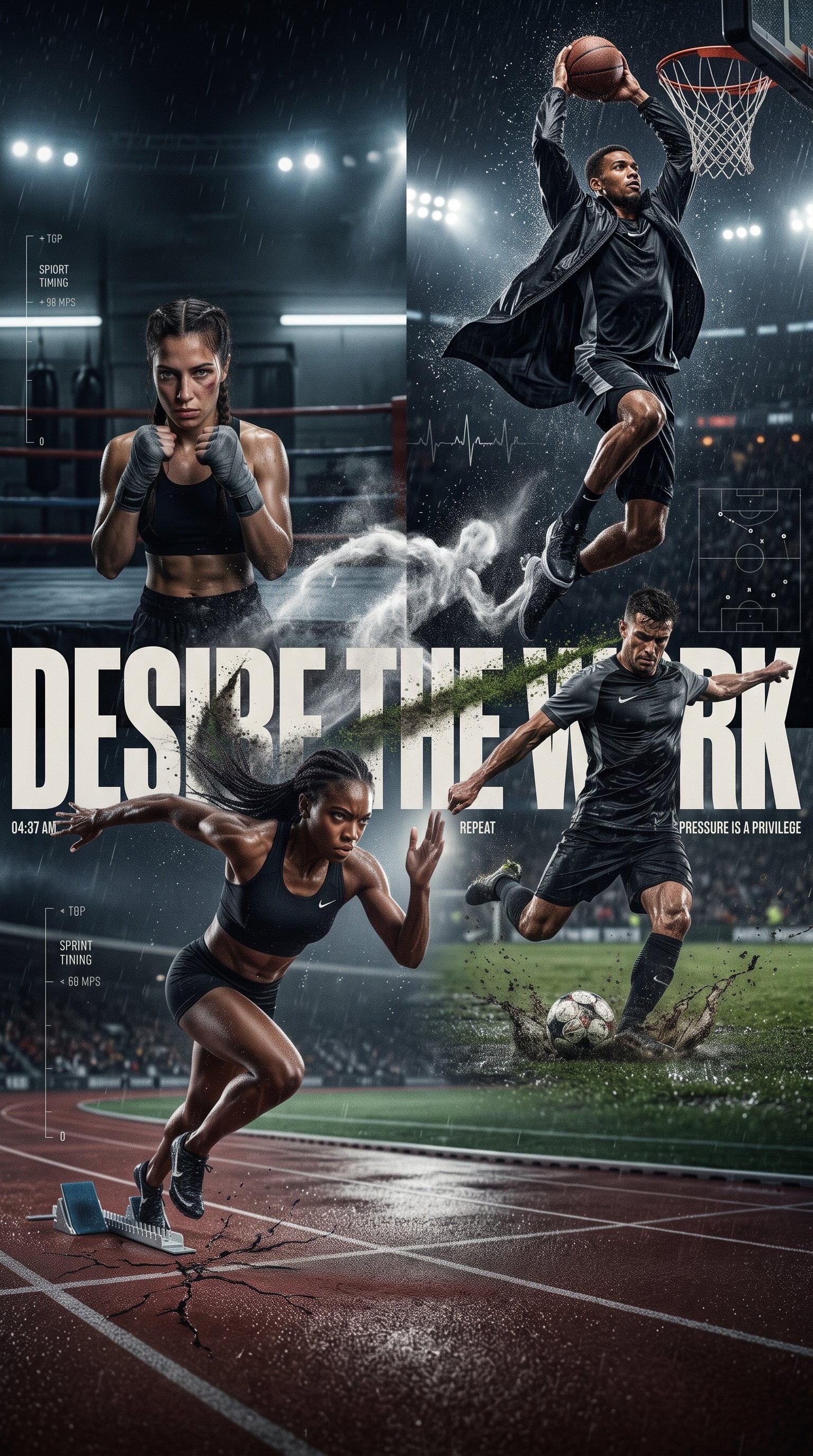 Create a hyper-realistic luxury global sportswear campaign poster titled: "DESIRE THE WORK." CRITICAL DIRECTION: This is NOT a sportswear…