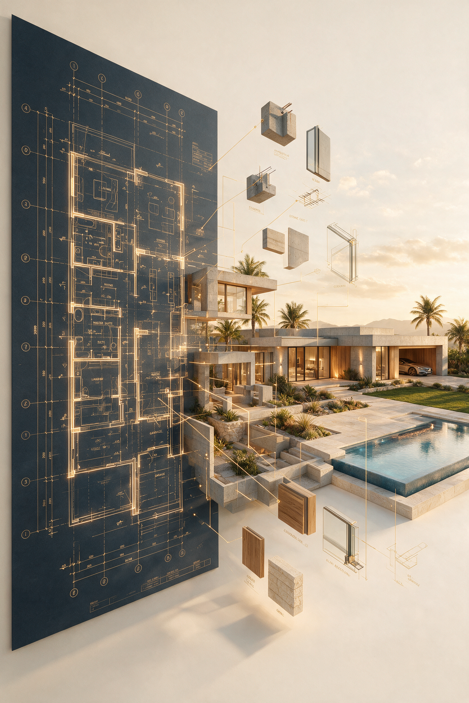 Create a premium architectural visualization illustrating the seamless transformation from concept to reality. The composition features a…