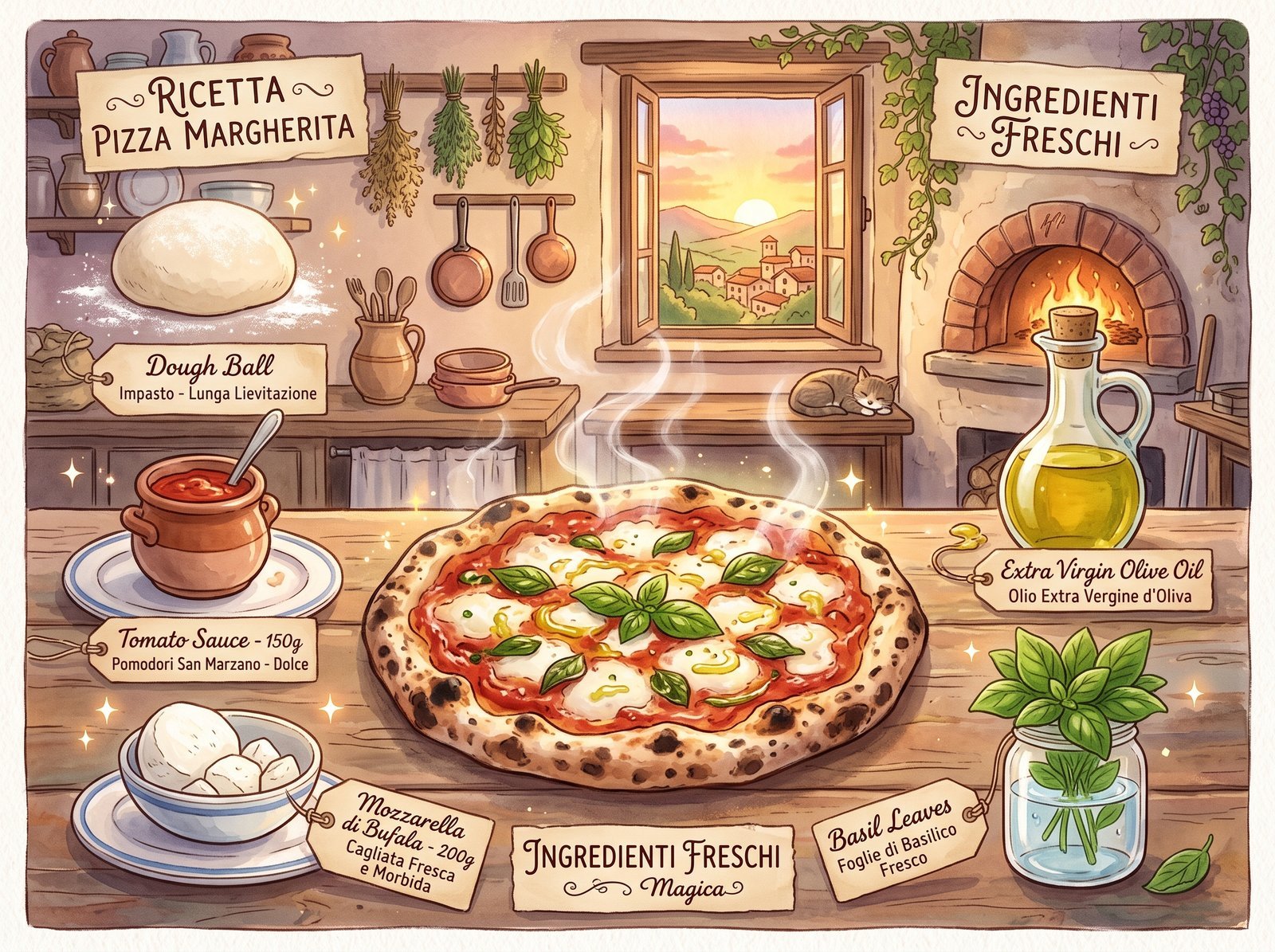 margherita pizza recipe infographic, Studio Ghibli inspired illustration, traditional Italian kitchen setting, warm golden sunset light…