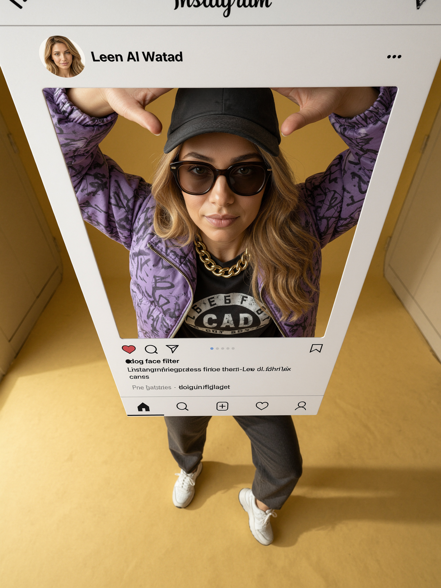 Create an Ultra-realistic photo composite of uploaded person breaking out of an Instagram post frame. Standing pose, both hands holding…
