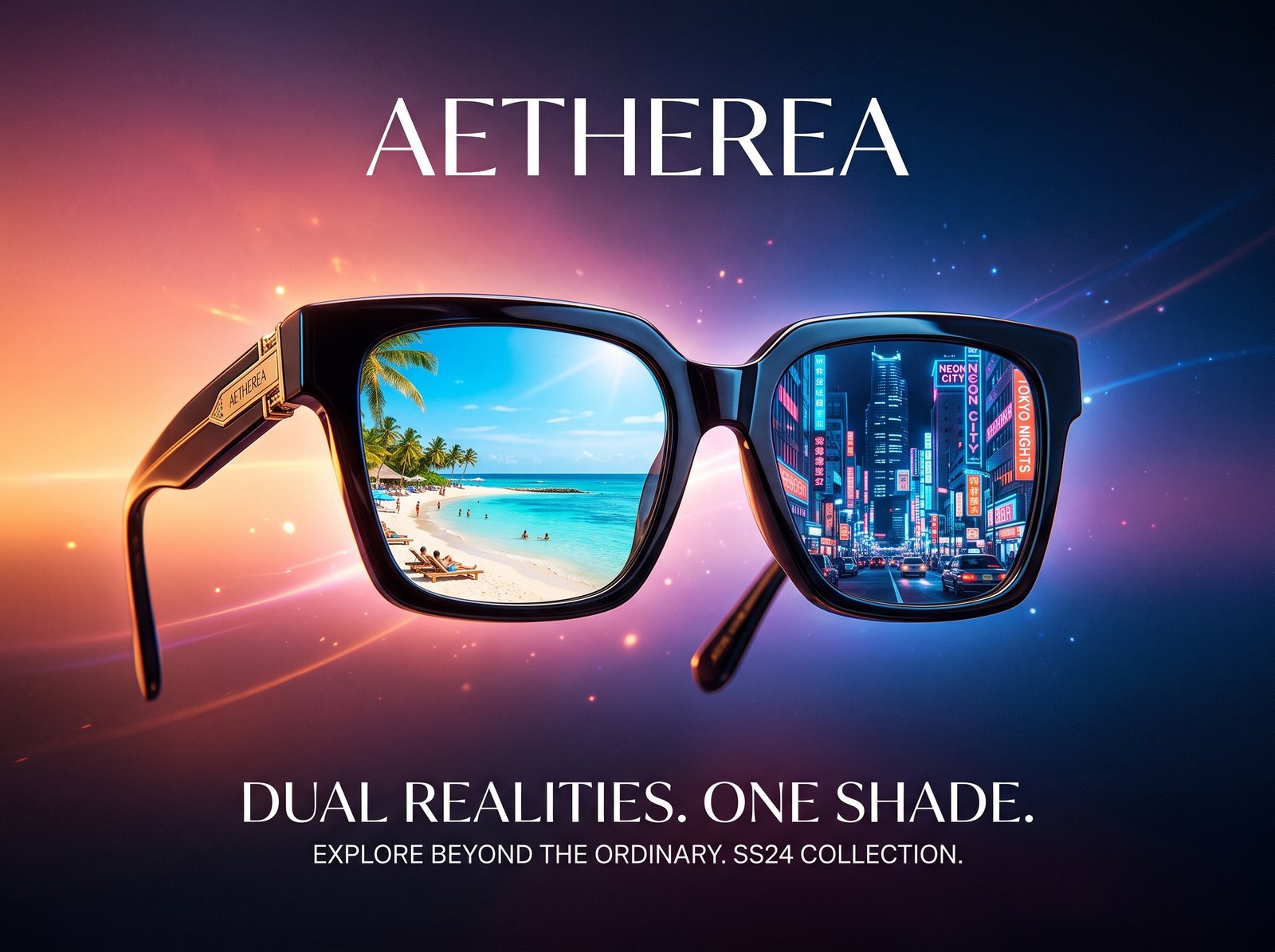 Fashion sunglasses advertisement, a stylish pair of sunglasses where each lens reflects a different world (one lens a sunny beach, the…