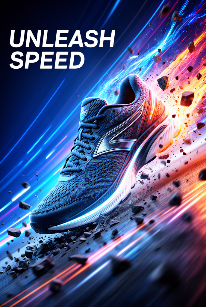 High-energy sneaker advertisement, a running shoe where the back half dissolves into a burst of speed lines, light streaks, and shattering…