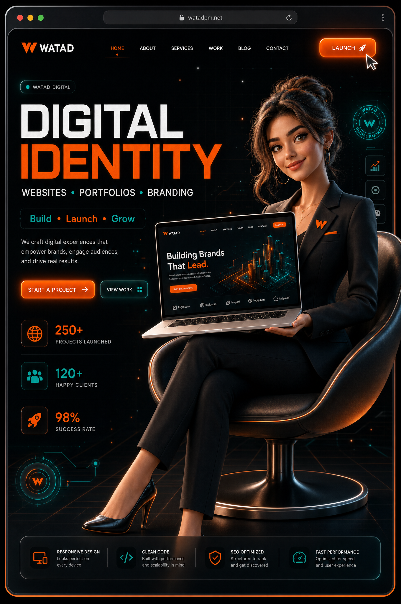 A charming 3D CGI illustration of a confident young professional with a sleek modern look, sitting confidently on a modern chair, holding a…