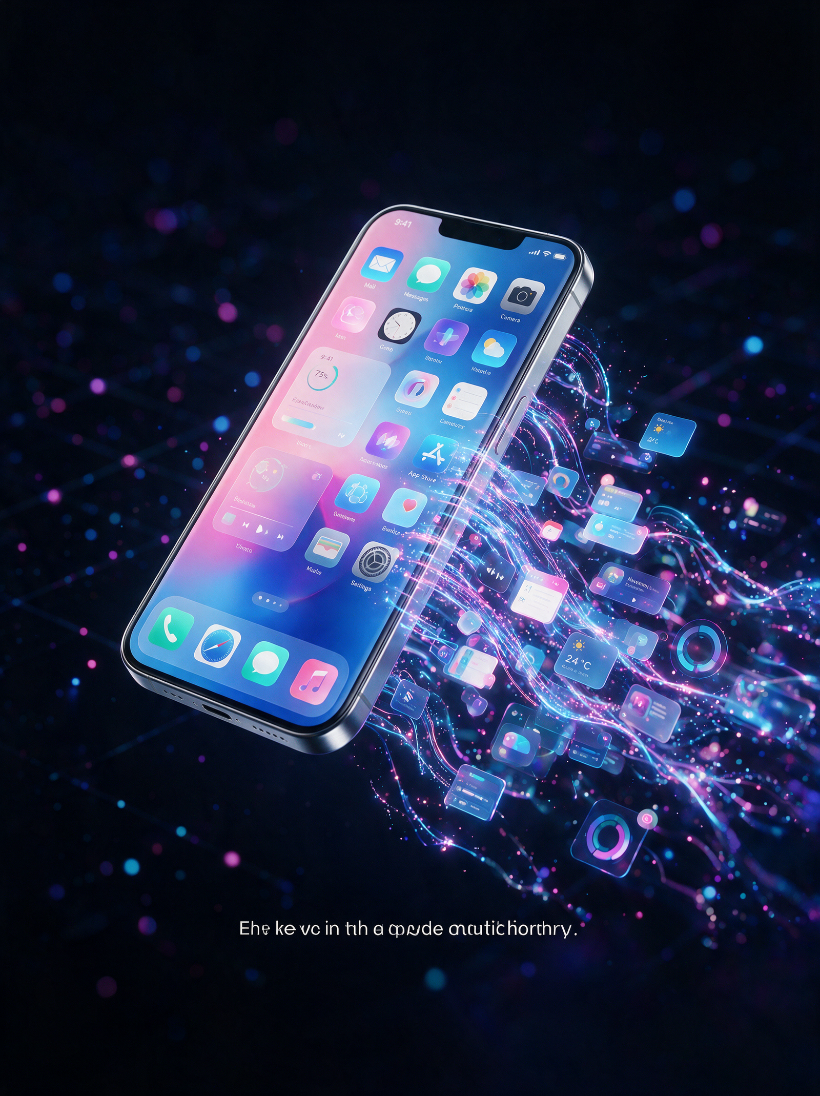 Sleek smartphone advertisement, a premium phone held at an angle where the screen content pours out of the edge like liquid light, app…