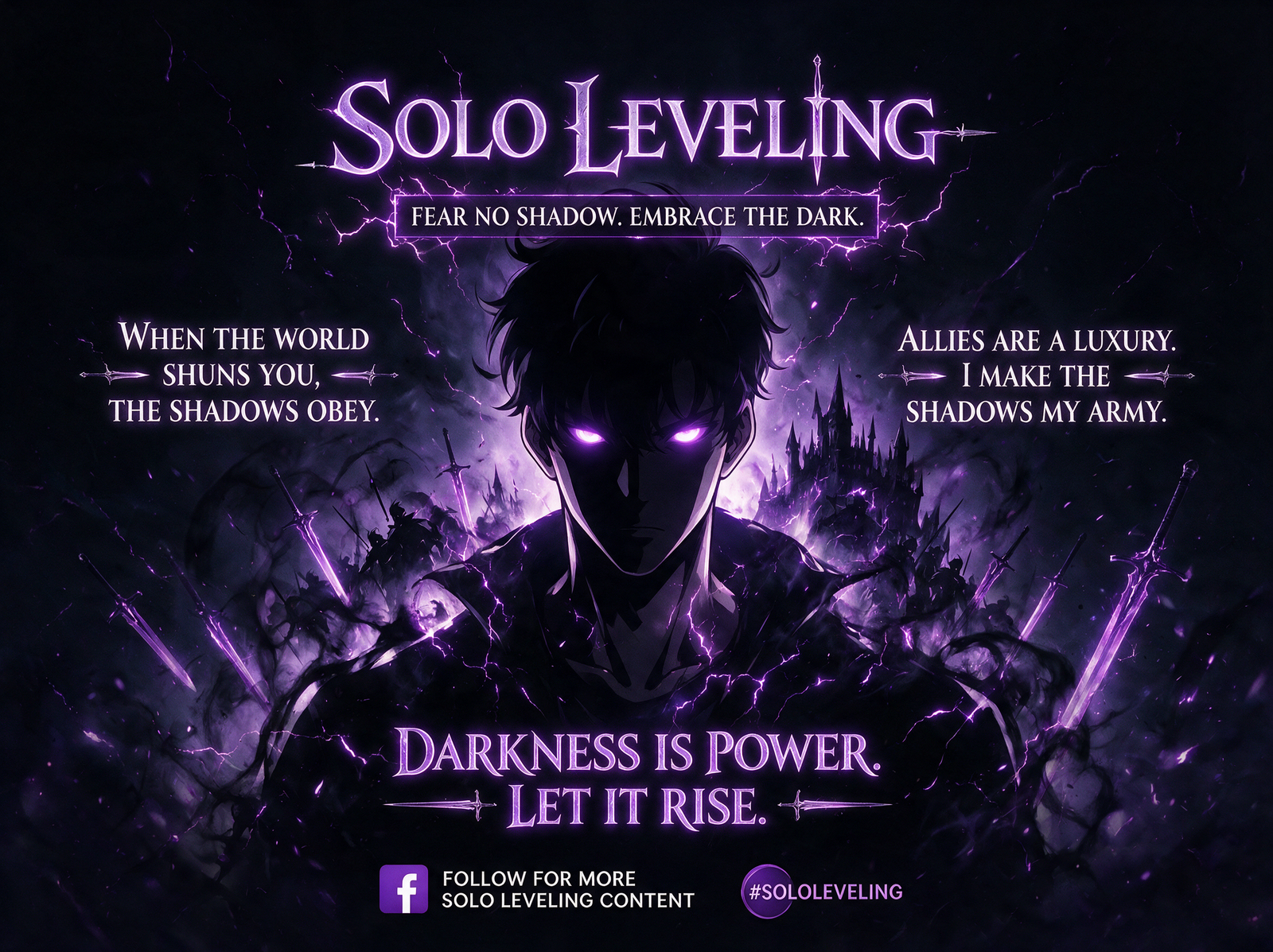 Create a promotional poster of a SOLO LEVELING-themed character with a vertical Facebook portrait post composition (4:5 ratio, 1080x1350)…