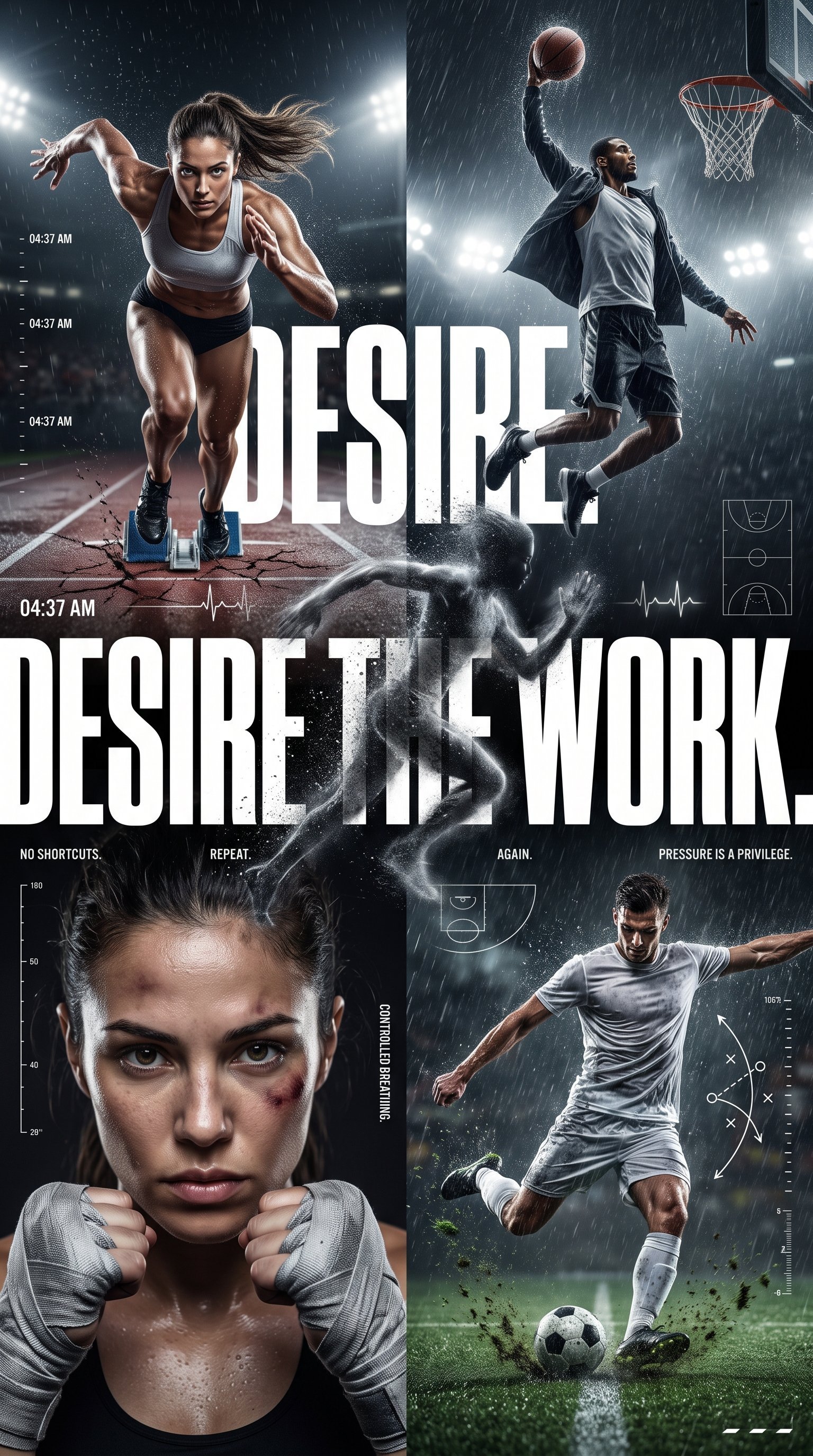 Create a hyper-realistic luxury global sportswear campaign poster titled: "DESIRE THE WORK." CRITICAL DIRECTION: This is NOT a sportswear…