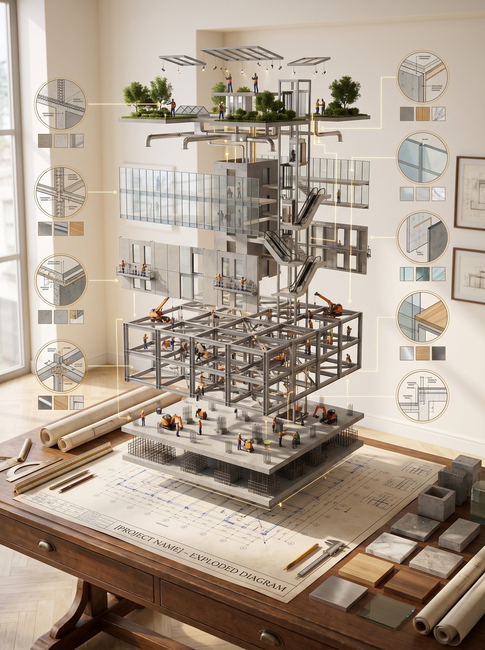 An exploded architectural construction diagram of [PROJECT NAME] suspended above a pristine drafting table, where every architectural layer…