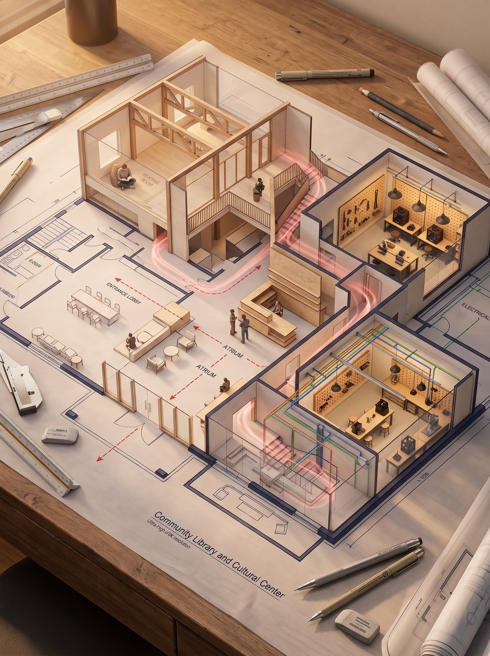 An architectural floor plan of {BUILDING_TYPE} spread across a drafting table, with the spaces rising into inhabitable miniature. {ROOM_1}…