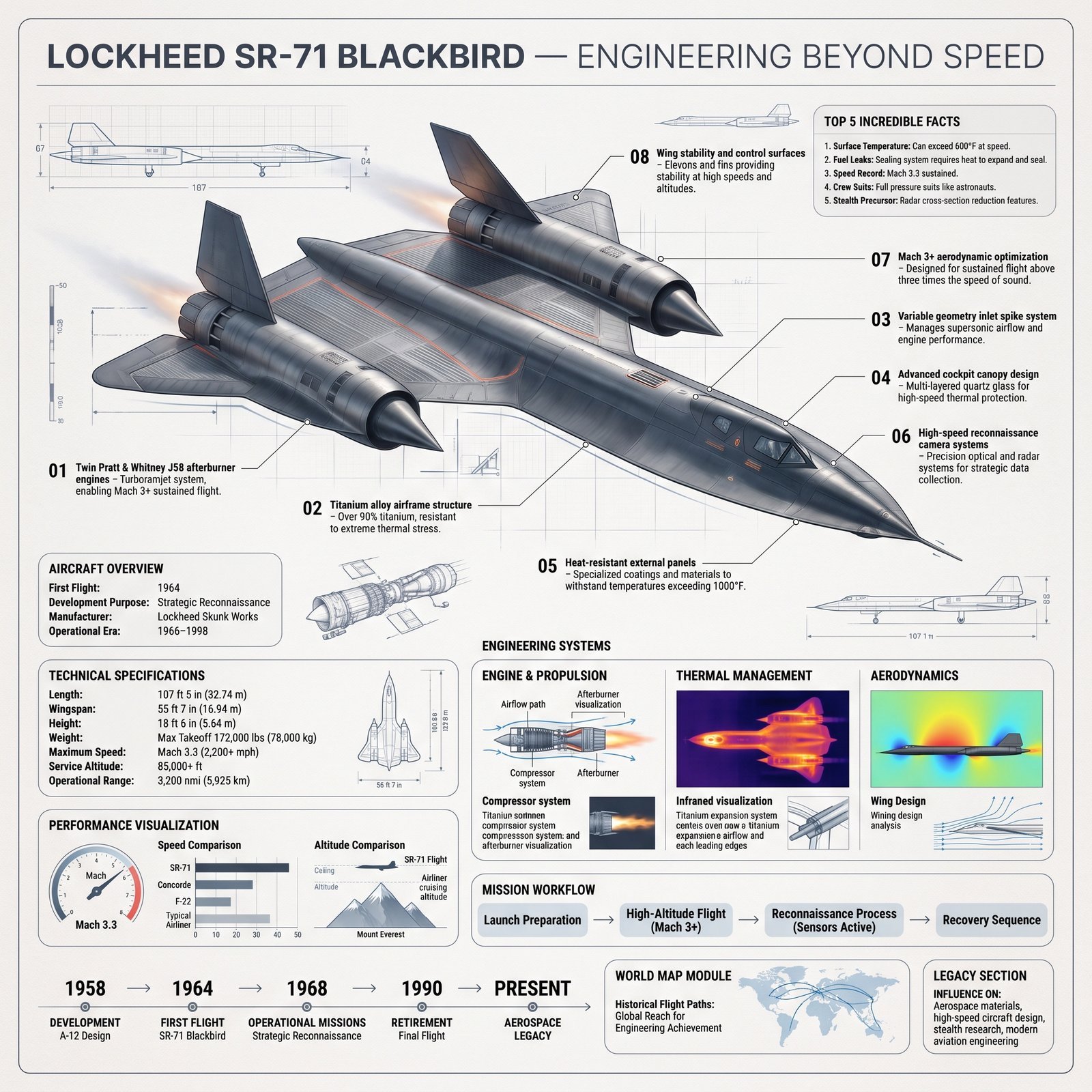 Create a premium square aerospace reference infographic titled: "LOCKHEED SR-71 BLACKBIRD — ENGINEERING BEYOND SPEED" FORMAT: 1:1 square…