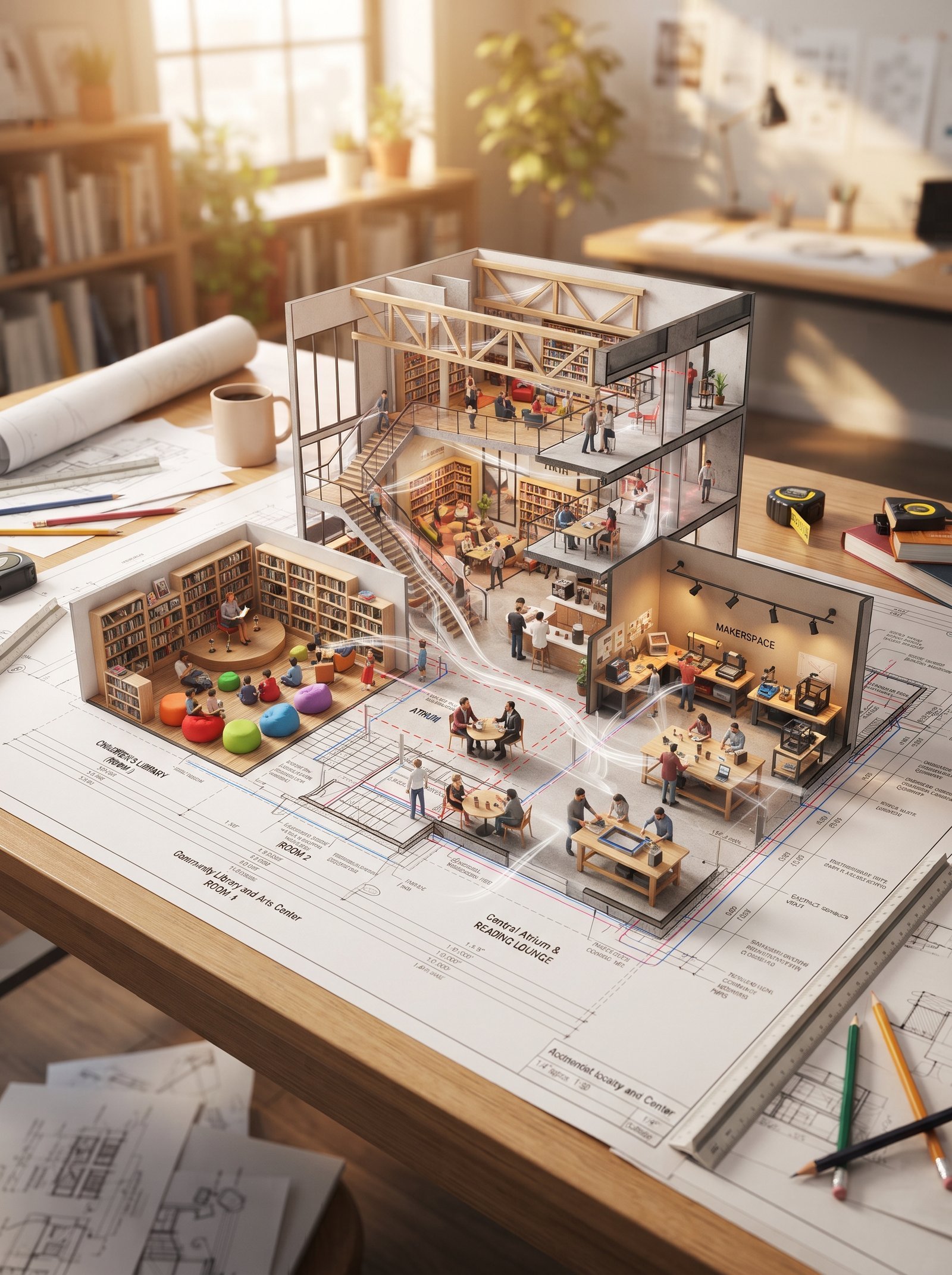 An architectural floor plan of {BUILDING_TYPE} spread across a drafting table, with the spaces rising into inhabitable miniature. {ROOM_1}…