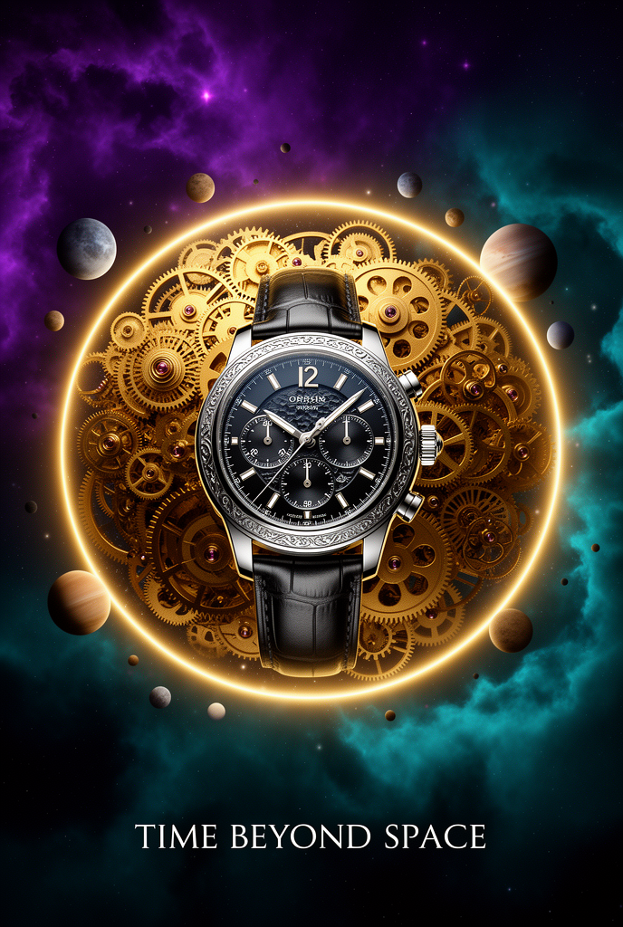 Luxury watch advertisement, a premium wristwatch floating inside a giant glowing clockwork mechanism made of golden gears and orbiting…
