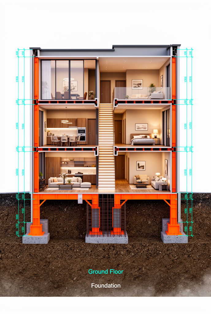Architectural cutaway section render of a two-story modern luxury villa sliced vertically to reveal all interior rooms like a dollhouse…